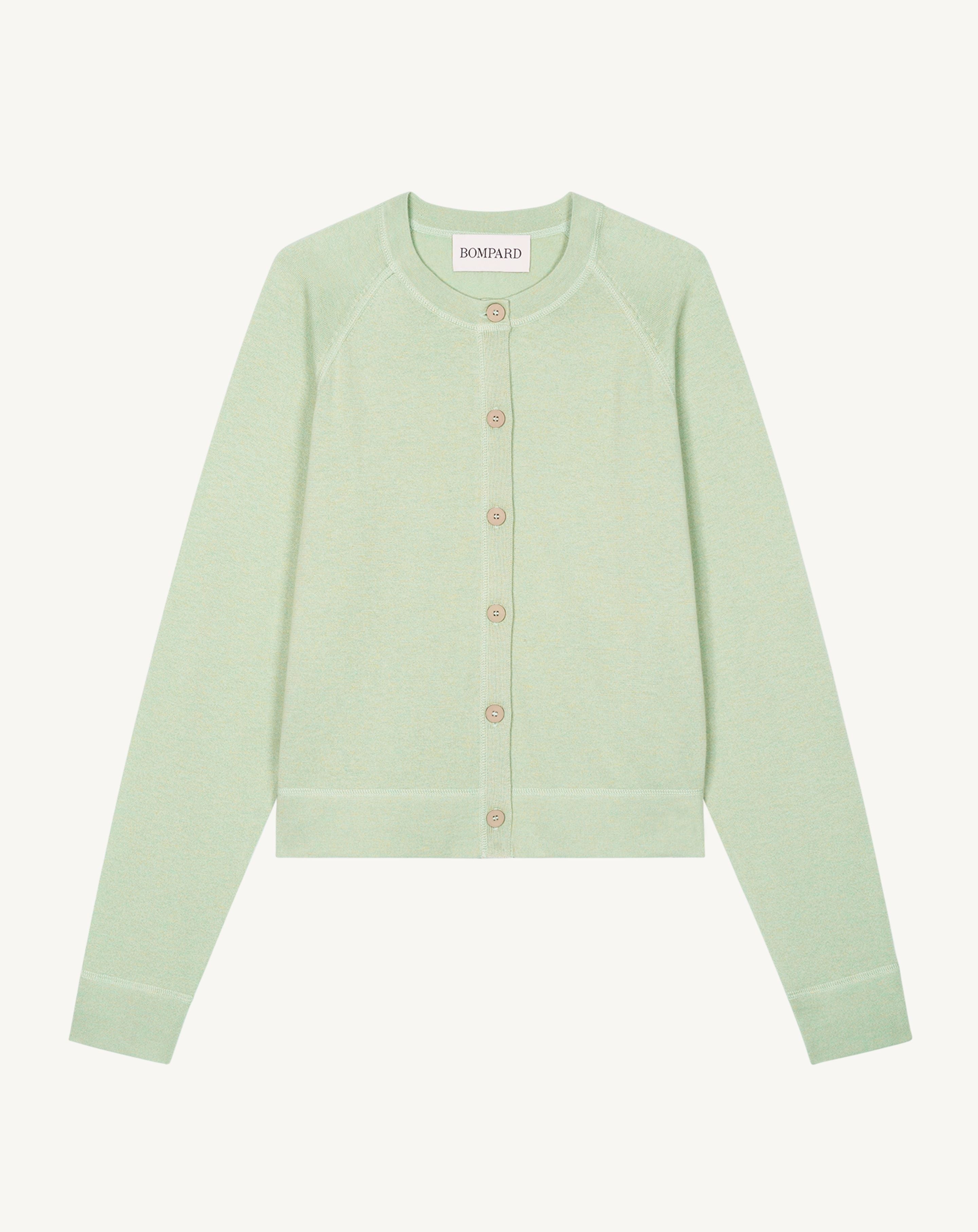 Cardigan court-VERT AMANDE-85% pima coton 15% cachemire