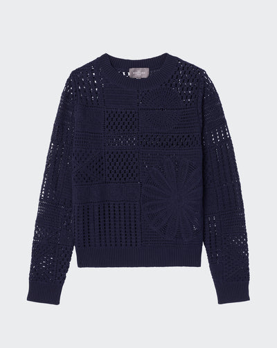 Pull col rond en crochet-MARINE-100% coton