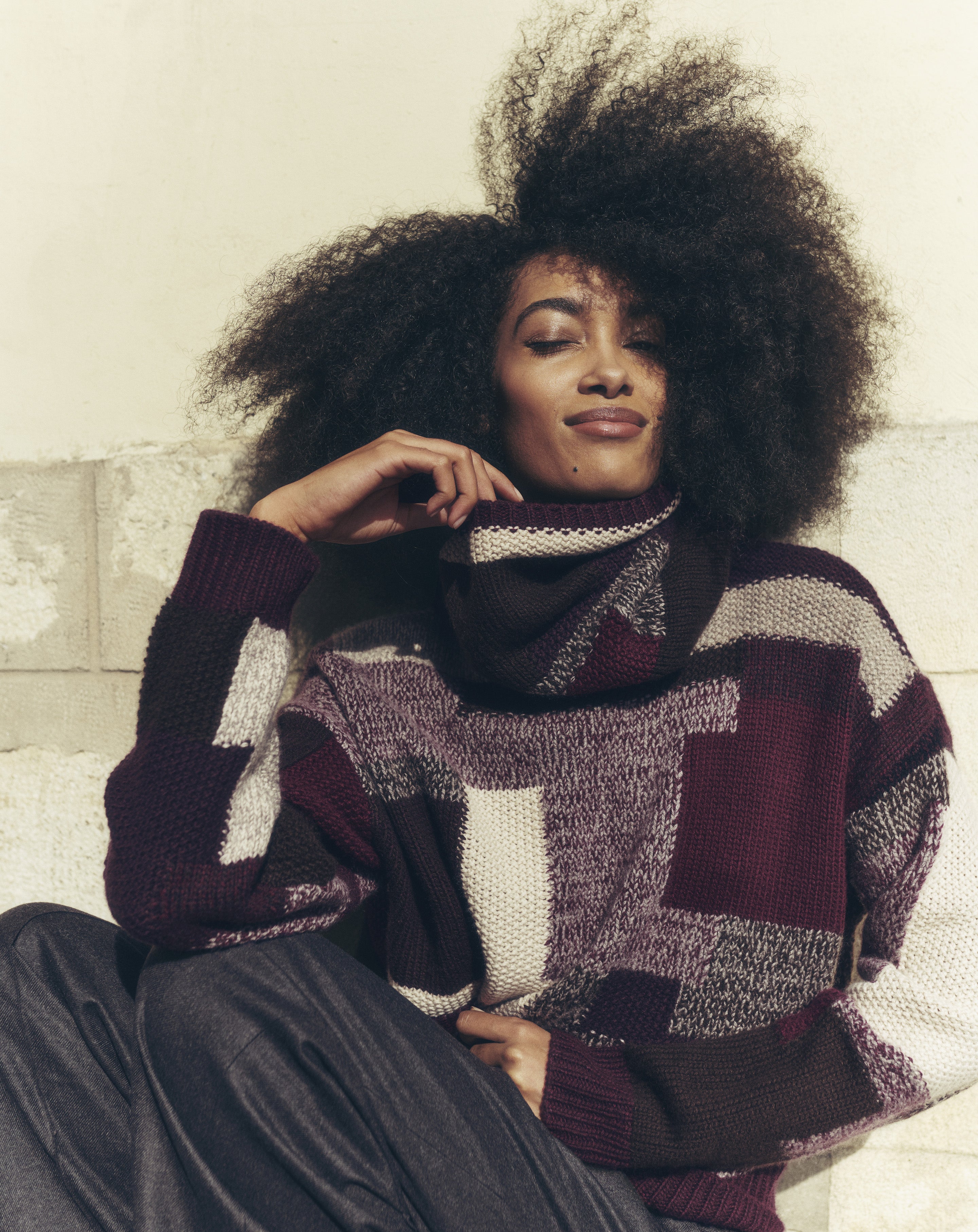 Pull col rond patchwork Prune damas/millet