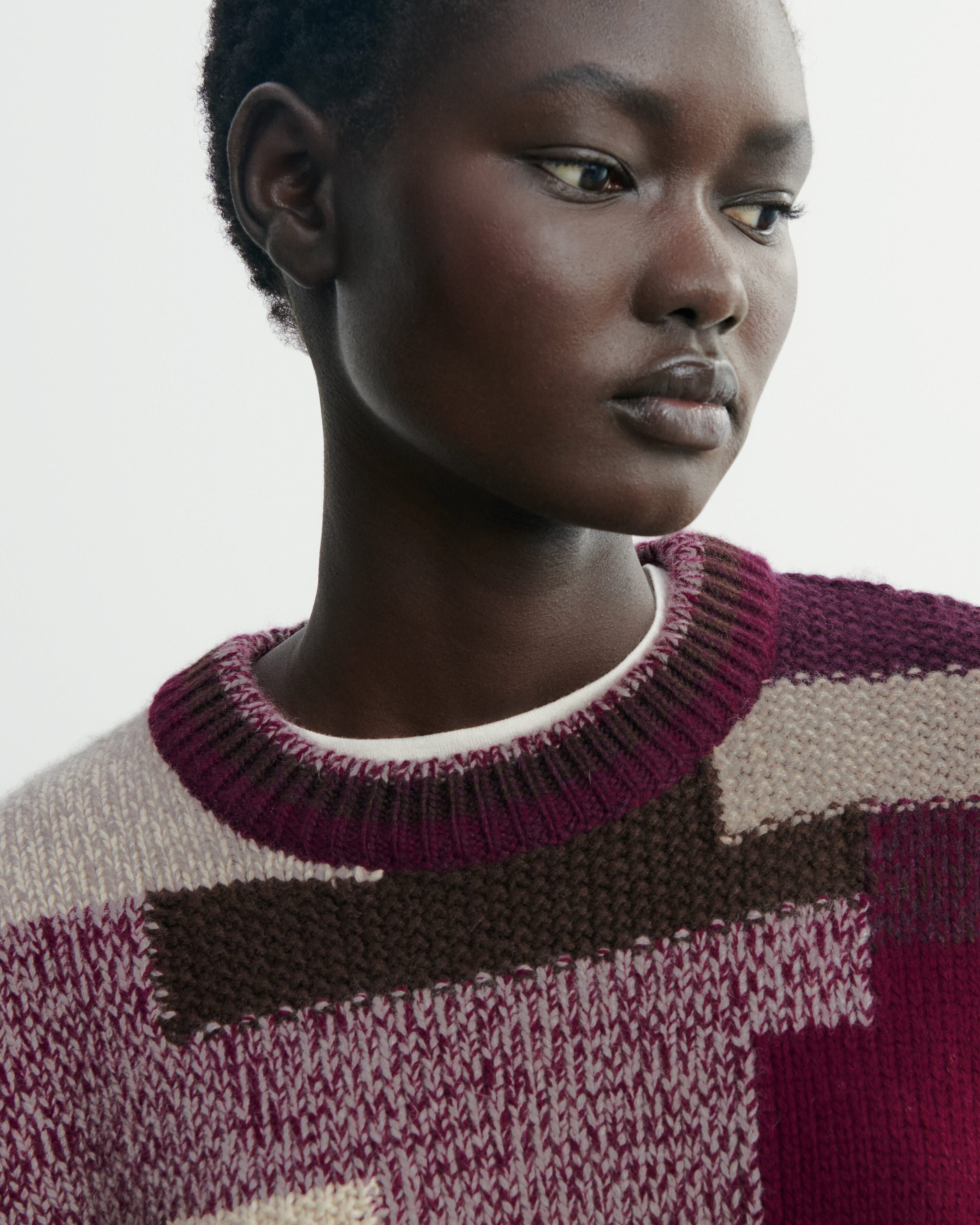 Patchwork round neck pullover in Cashmere Women damask plum/millet