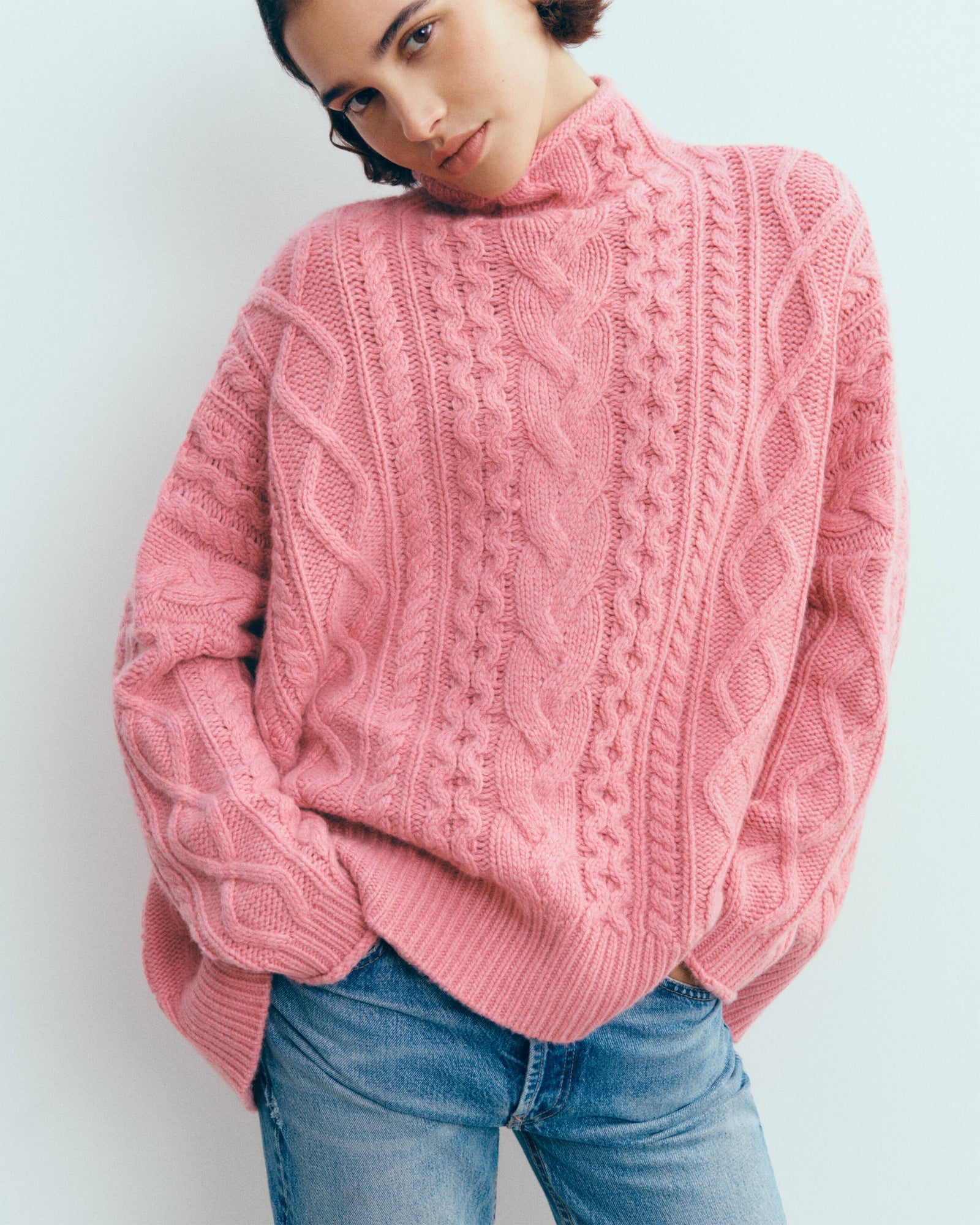 Col montant à torsades les 40 ans-ROSE CAMEO-100% cachemire