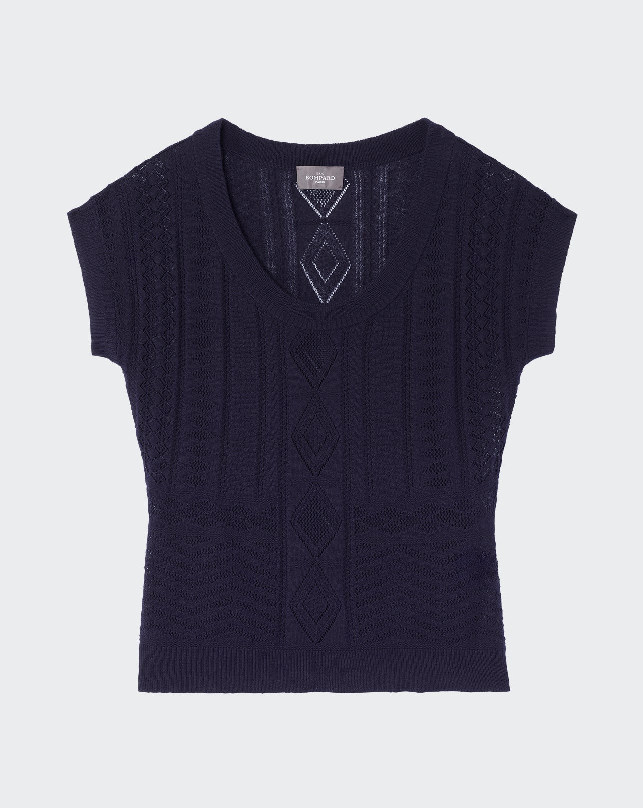 Top col rond en pointelle-MARINE-85% coton 15% cachemire