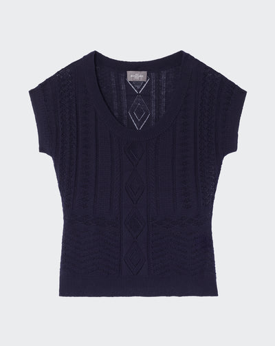 Top col rond en pointelle-MARINE-85% coton 15% cachemire