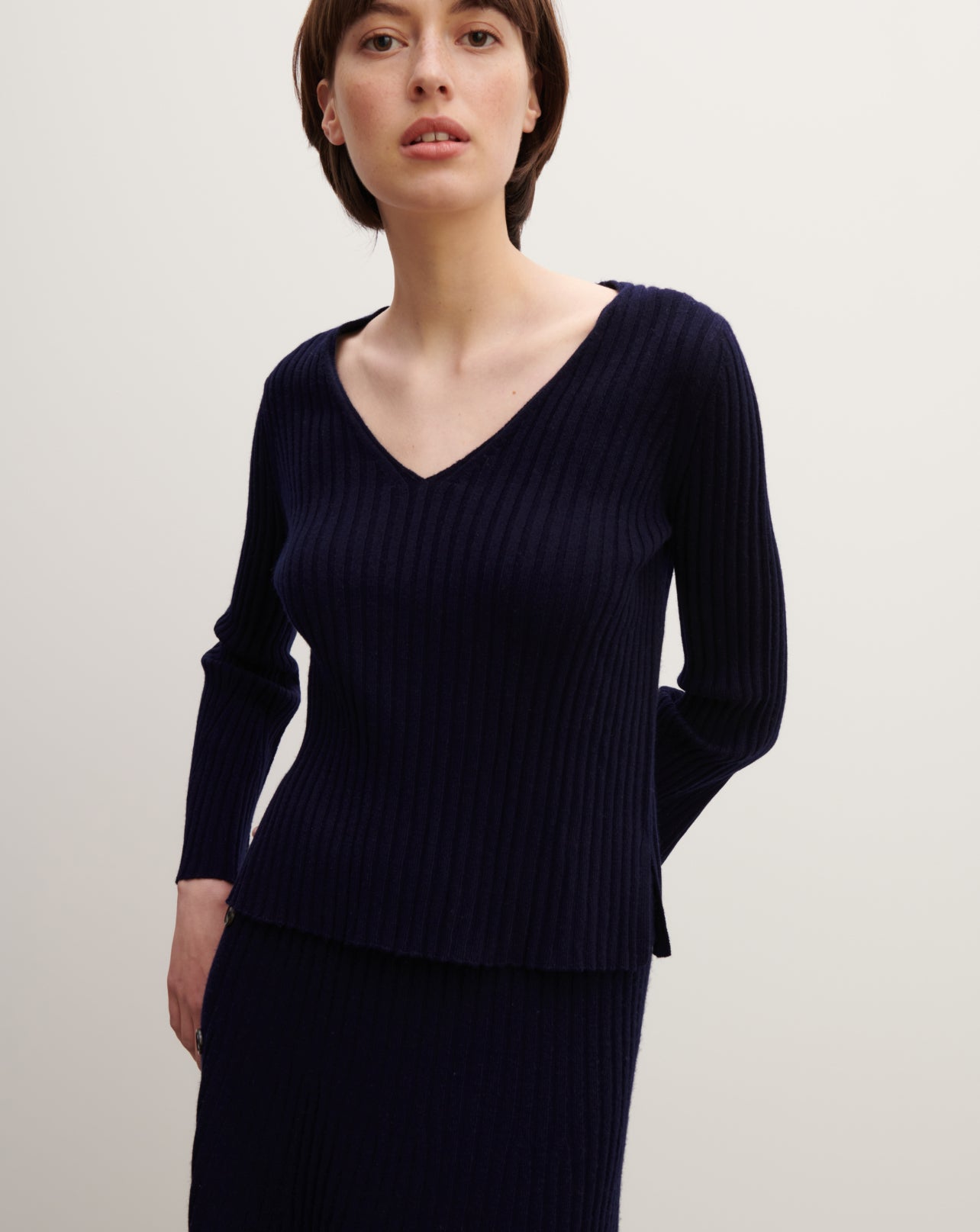 Pull V à manches évasées-MARINE-70% cachemire 30% soie