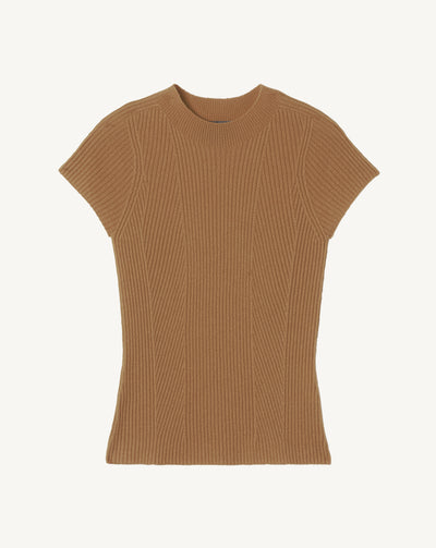 Col rond ajusté à côtes-CARAMEL-100% cachemire