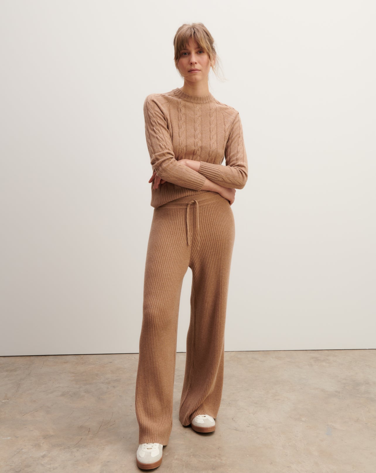 Pantalon ample à côtes-CARAMEL-100% cachemire