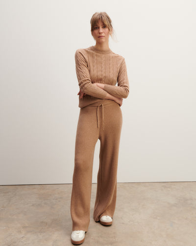 Pantalon ample à côtes-CARAMEL-100% cachemire