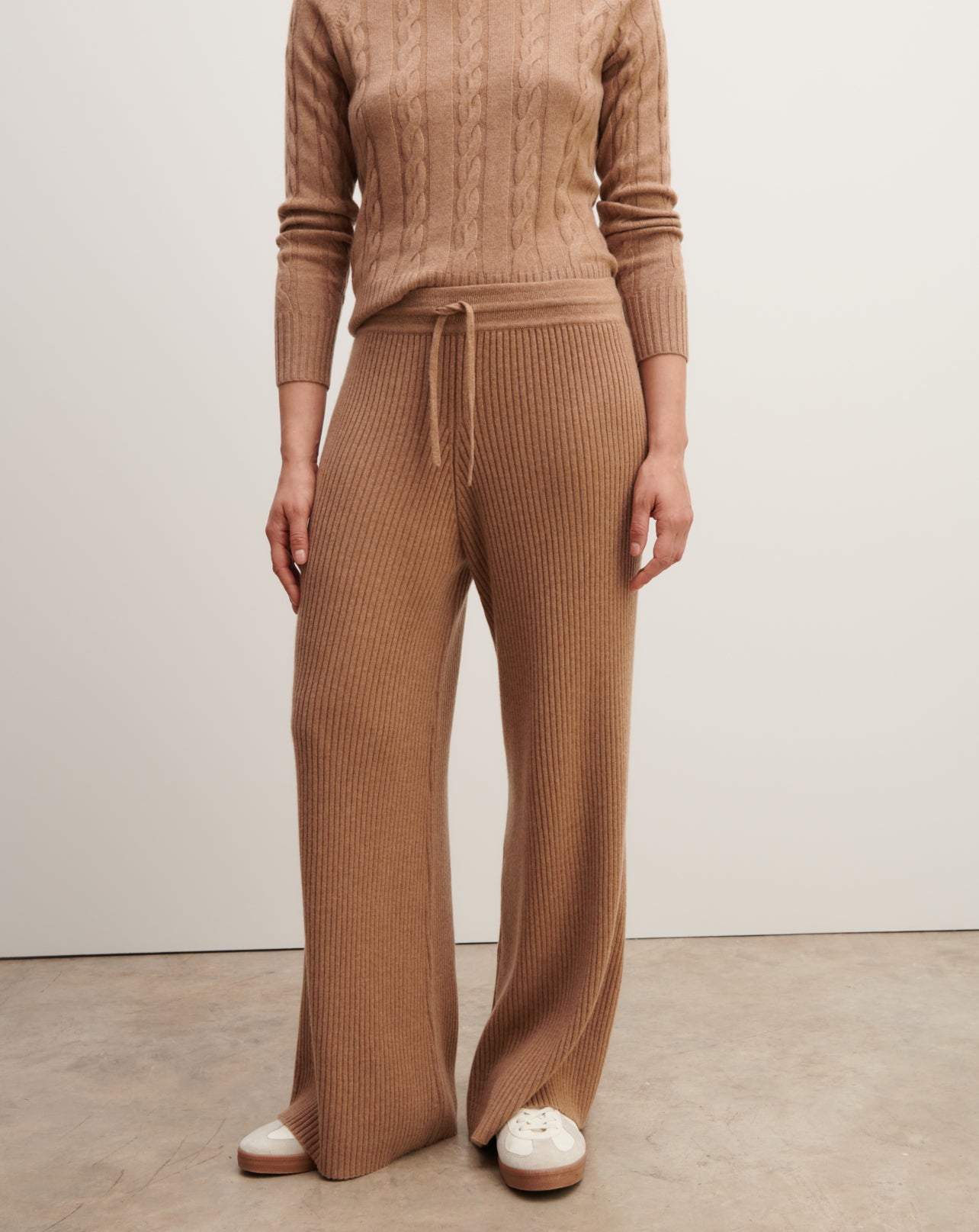 Pantalon ample à côtes-CARAMEL-100% cachemire