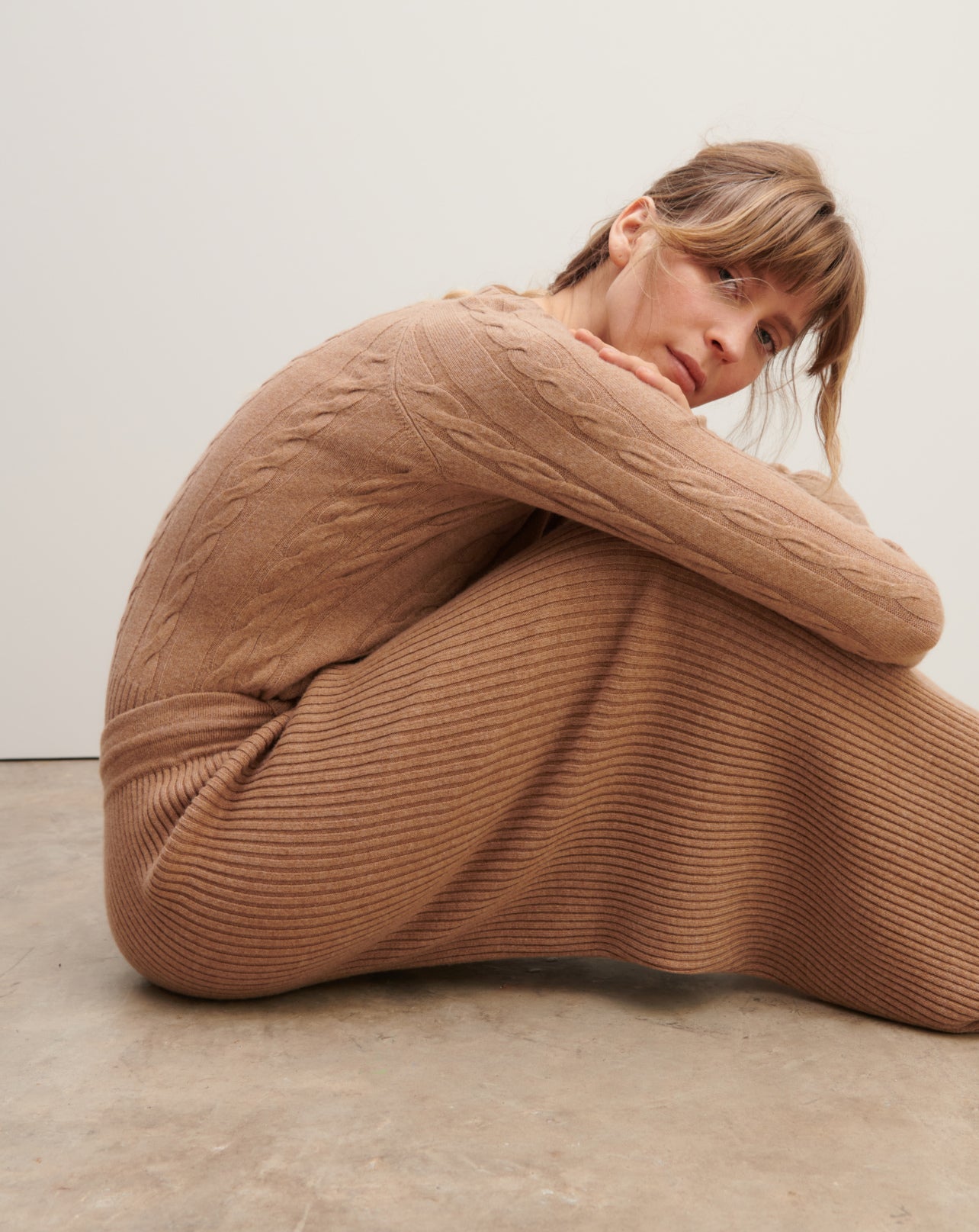 Pantalon ample à côtes-CARAMEL-100% cachemire