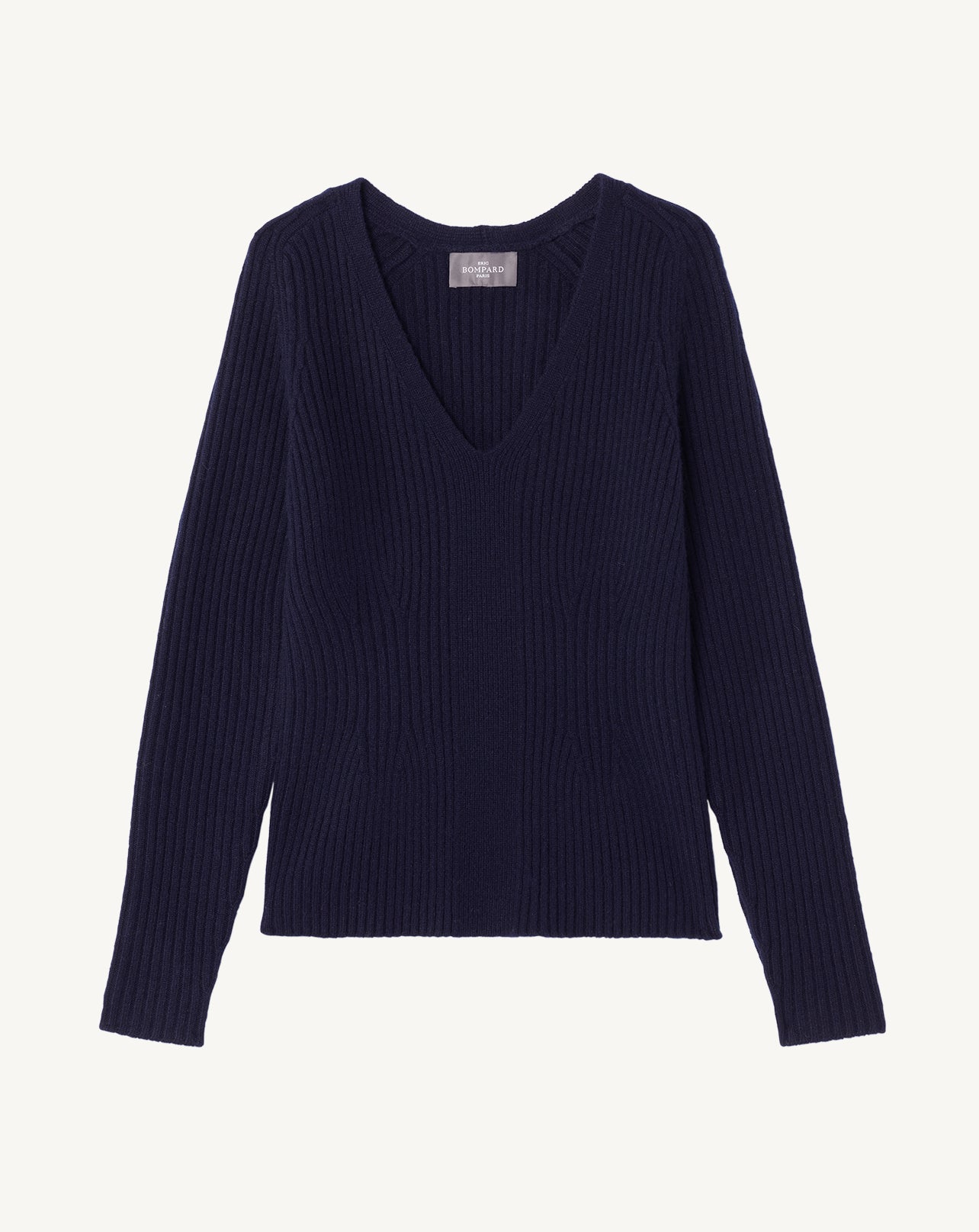 Pull col V ajusté à côtes-MARINE-100% cachemire
