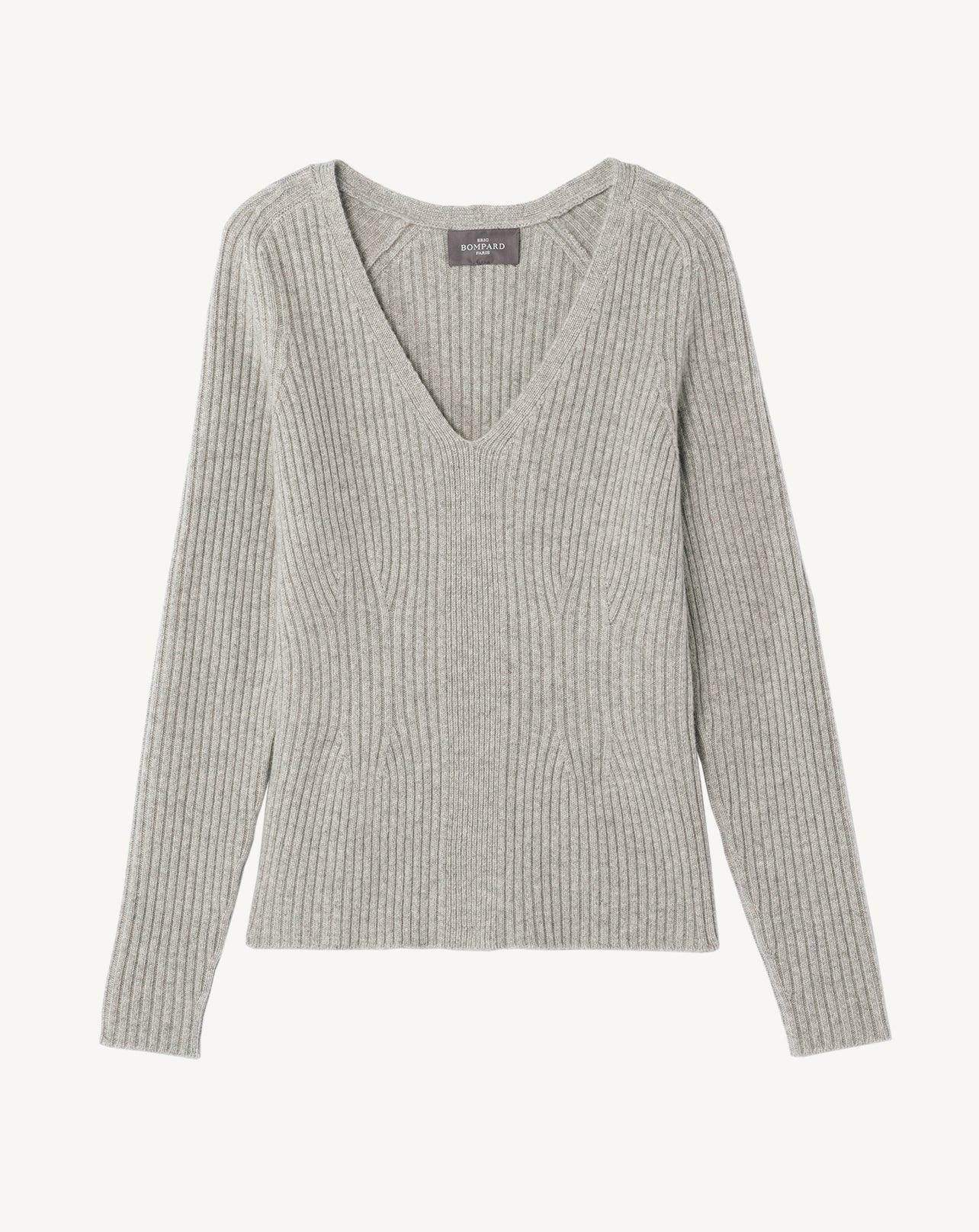 Pull col V ajusté à côtes-GRIS ARGENTE-100% cachemire