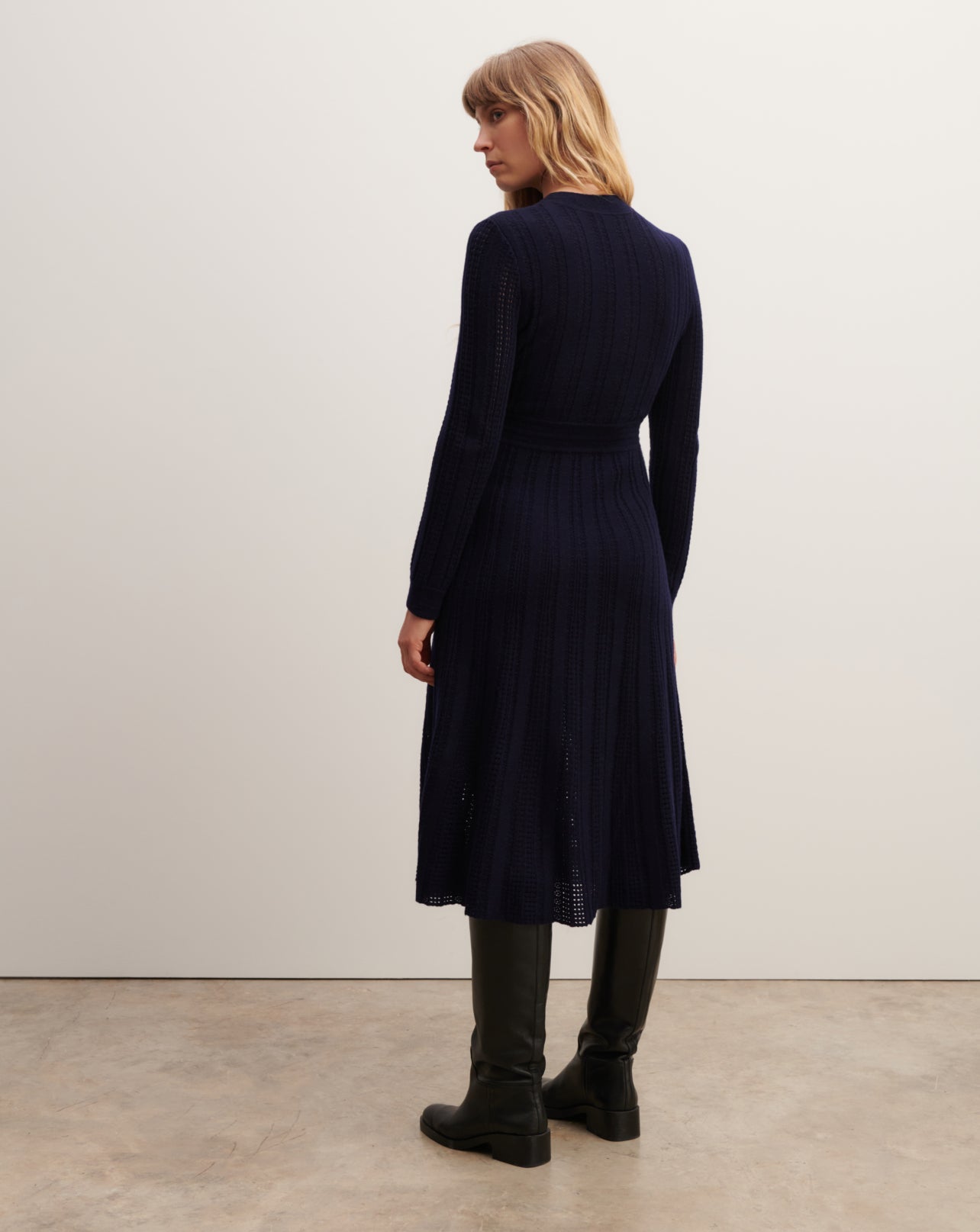 Robe longue pointelle-MARINE-70% cachemire 30% soie