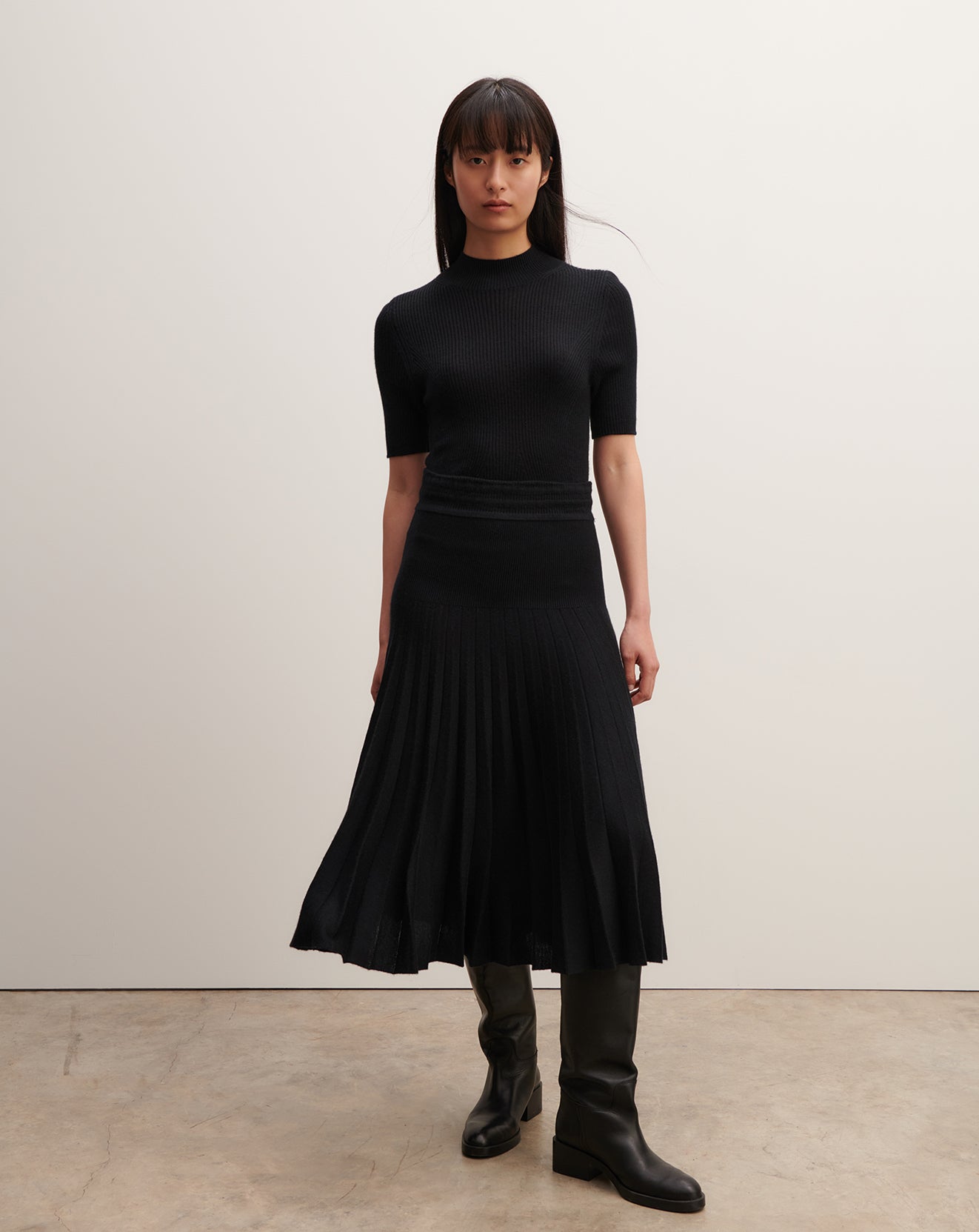 Robe longue plissée-NOIR-70% cachemire 30% soie