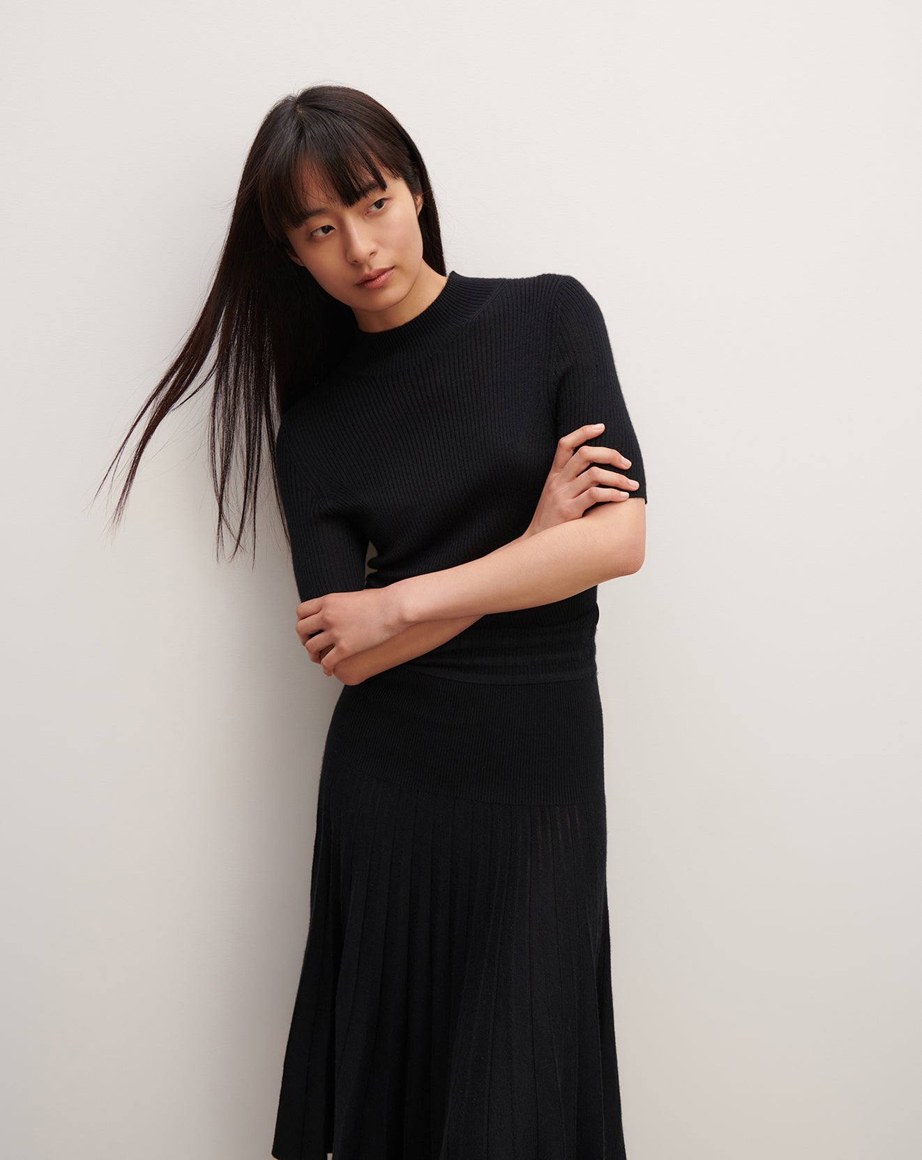 Robe longue plissée-NOIR-70% cachemire 30% soie