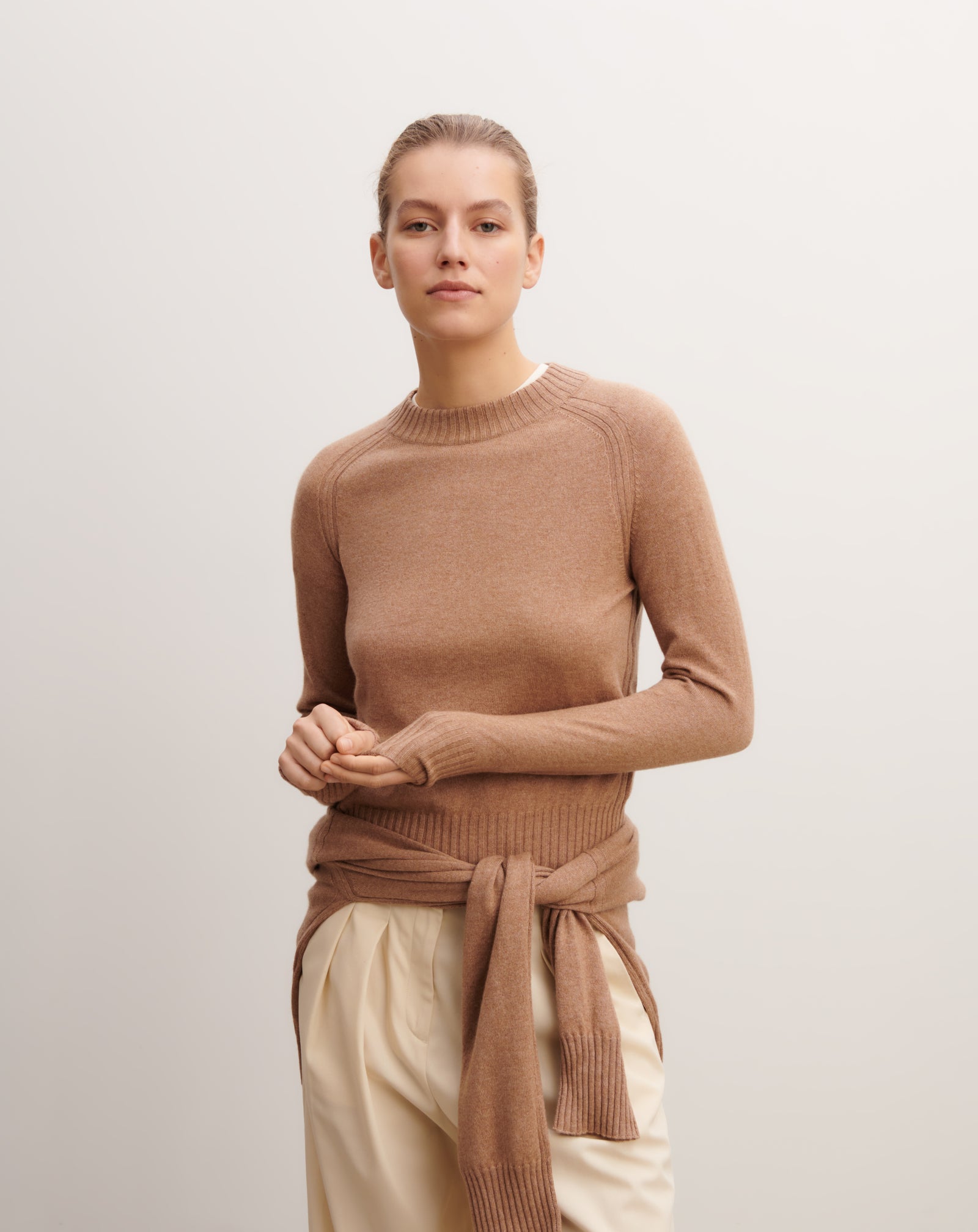 Pull col rond ajusté-CARAMEL-70% cachemire 30% soie