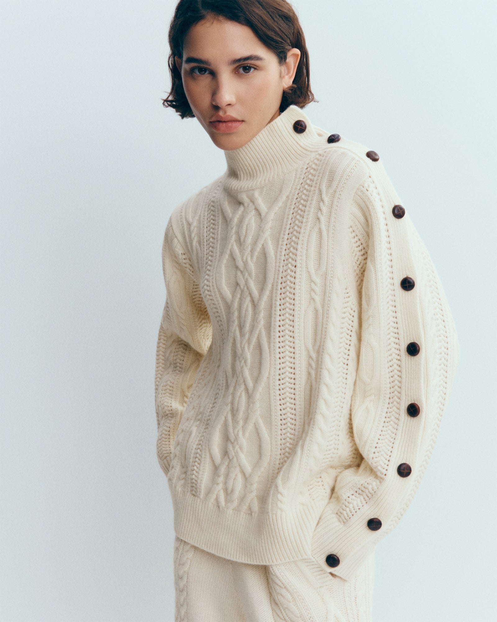 Col montant à torsades-ECRU-100% cachemire