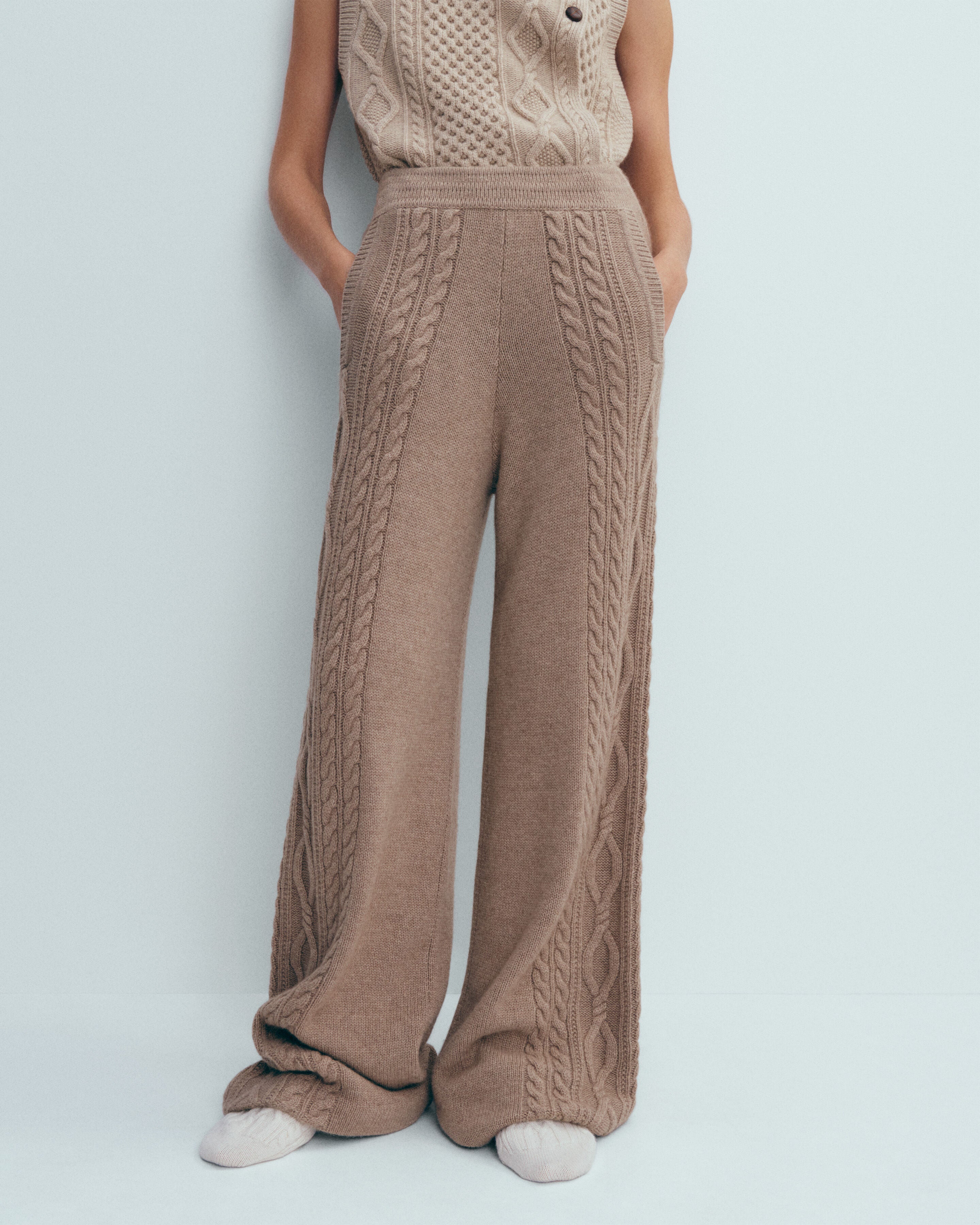 Pantalon à torsades-GREIGE-100% cachemire