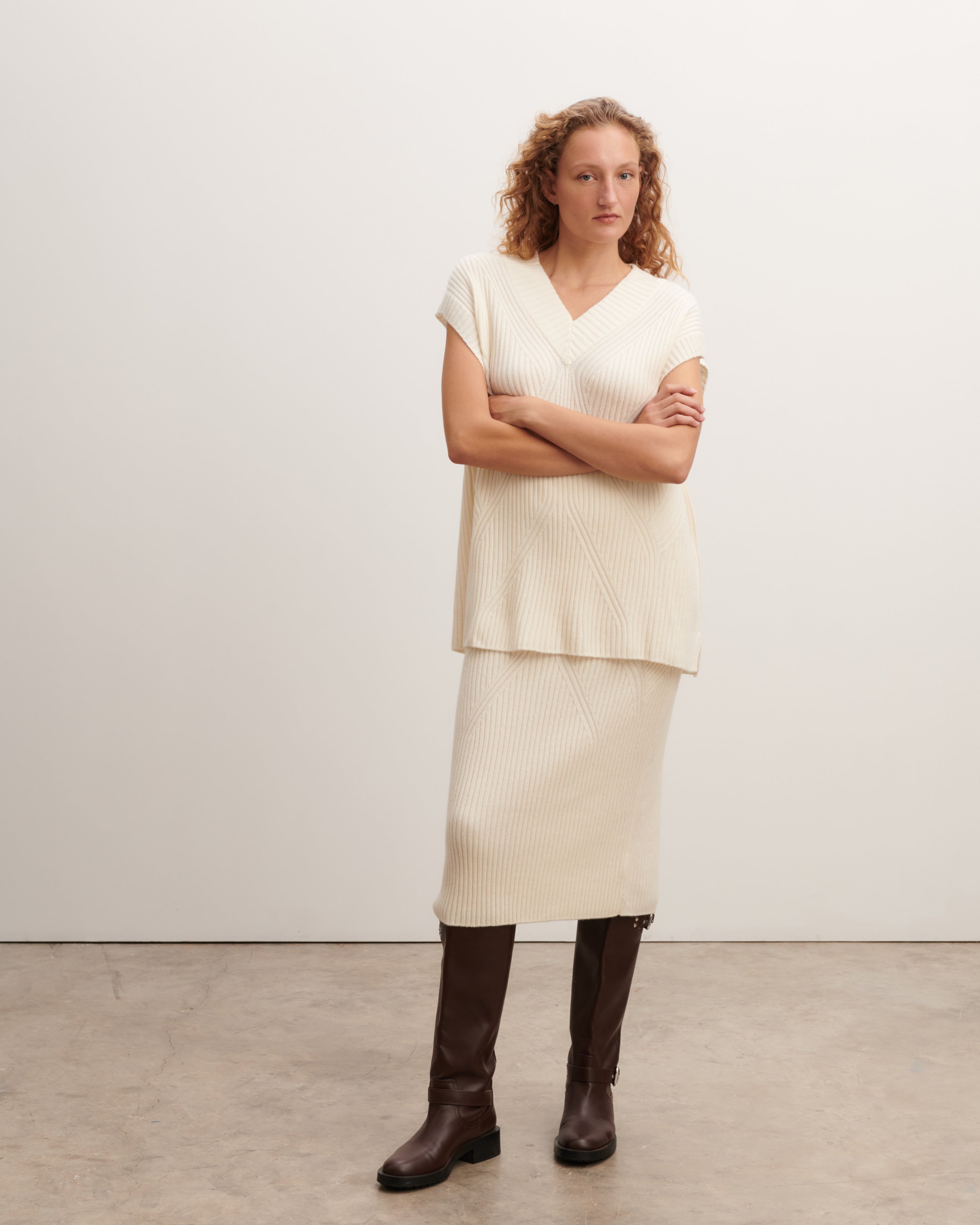 Pull col V sans manches-NATUREL-100% cachemire