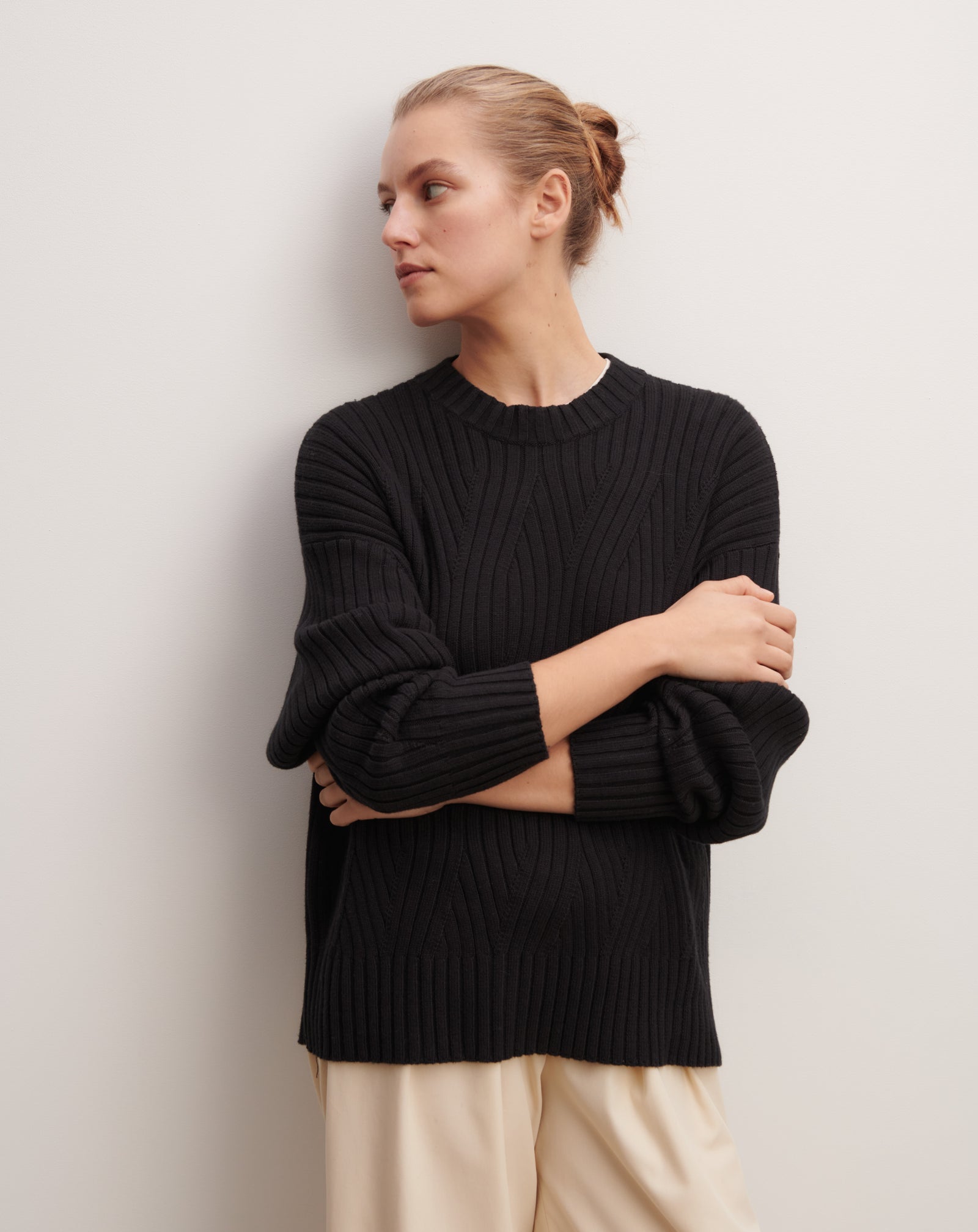 Pull oversized à torsades-NOIR-85% pima coton 15% cachemire