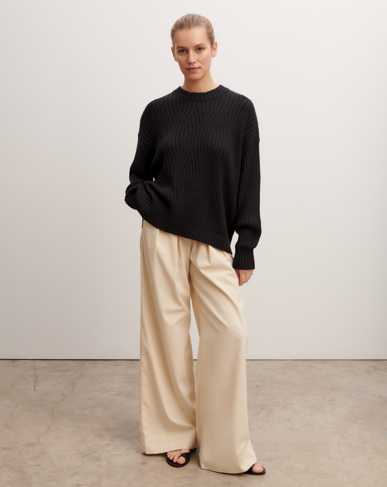 Pull oversized à torsades-NOIR-85% pima coton 15% cachemire