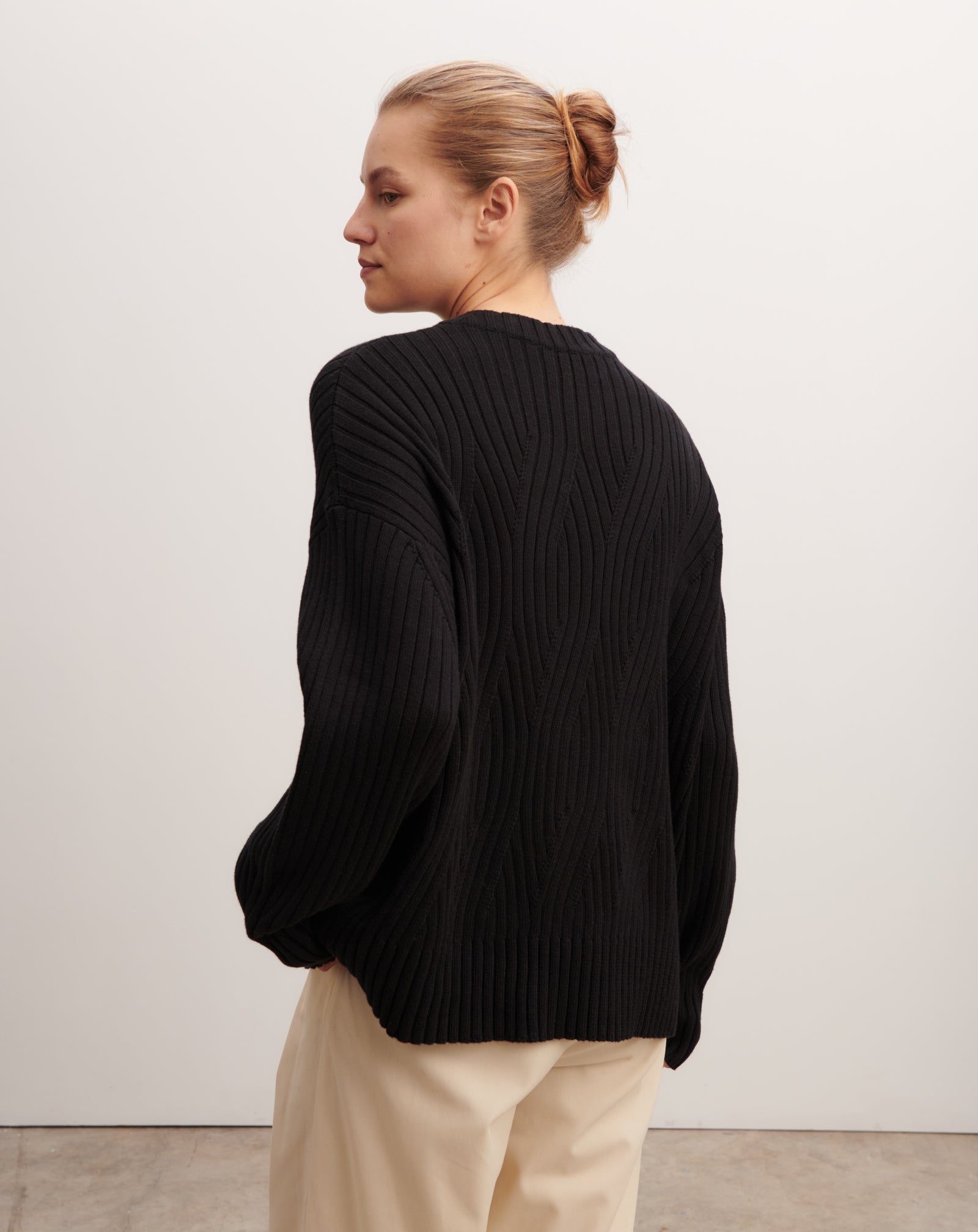Pull oversized à torsades-NOIR-85% pima coton 15% cachemire
