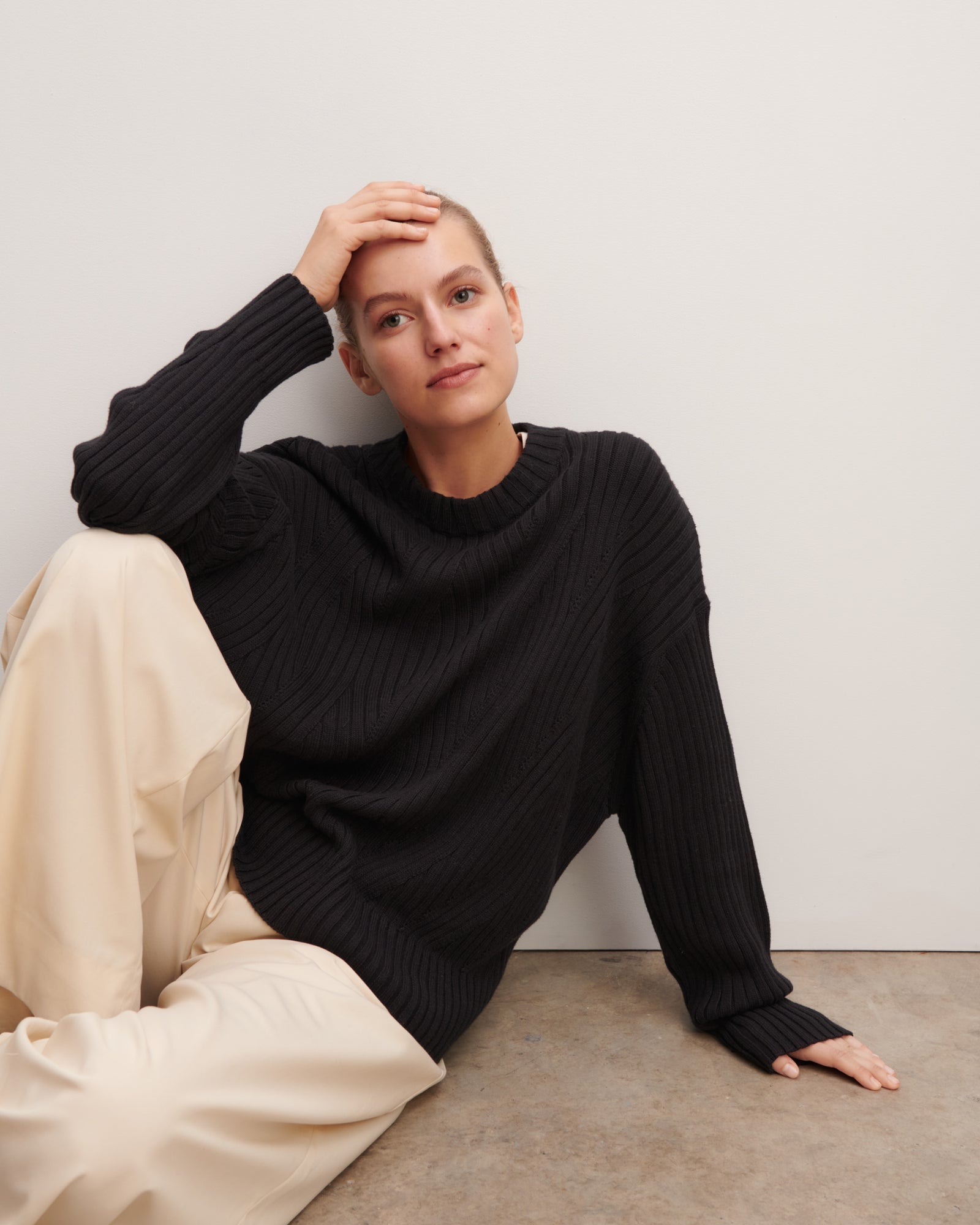 Pull oversized à torsades-NOIR-85% pima coton 15% cachemire
