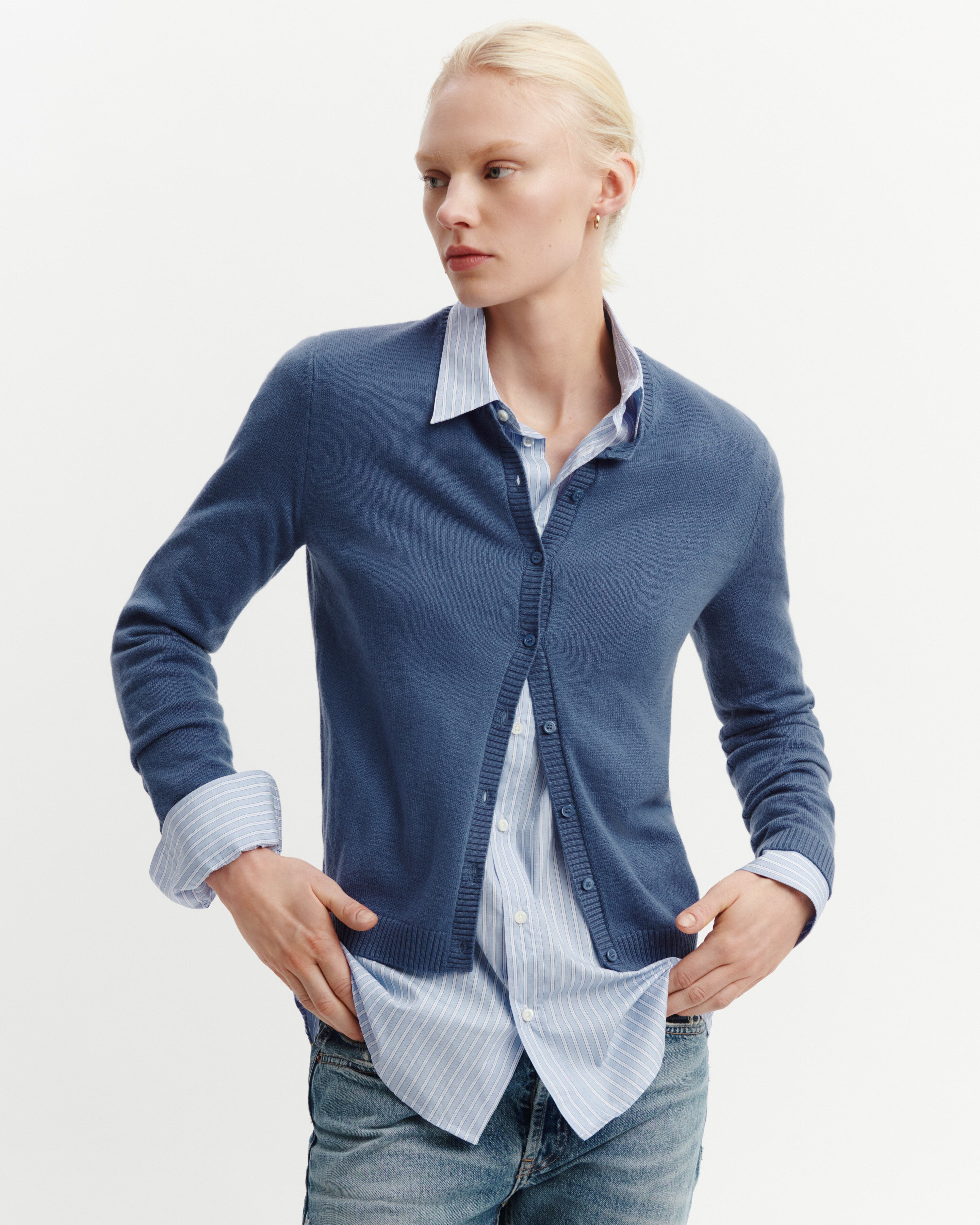 Cardigan  manches boutons-BLEU ATLAS-100% cachemire