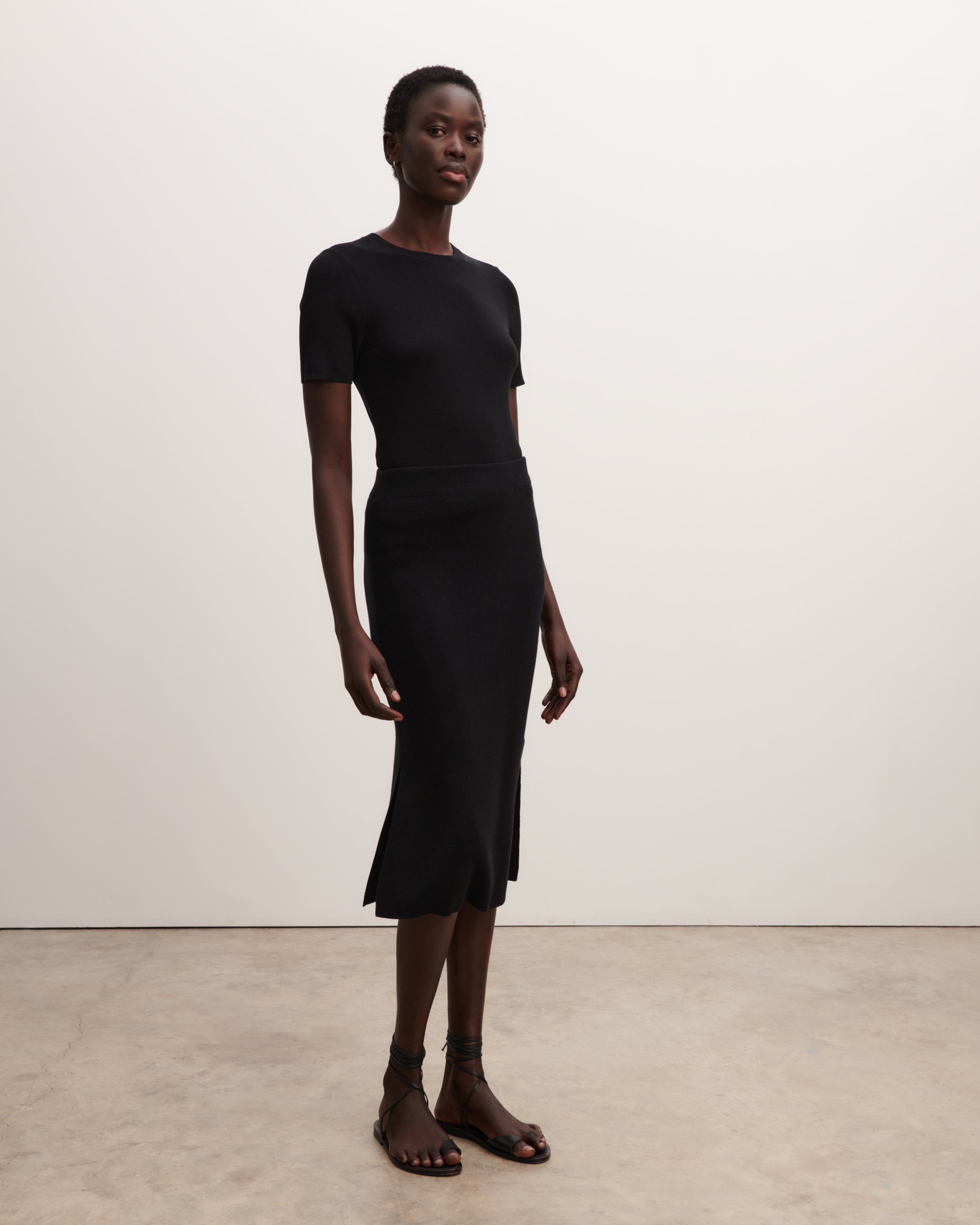 Jupe midi fentes côtés-NOIR-85% soie 15% cachemire