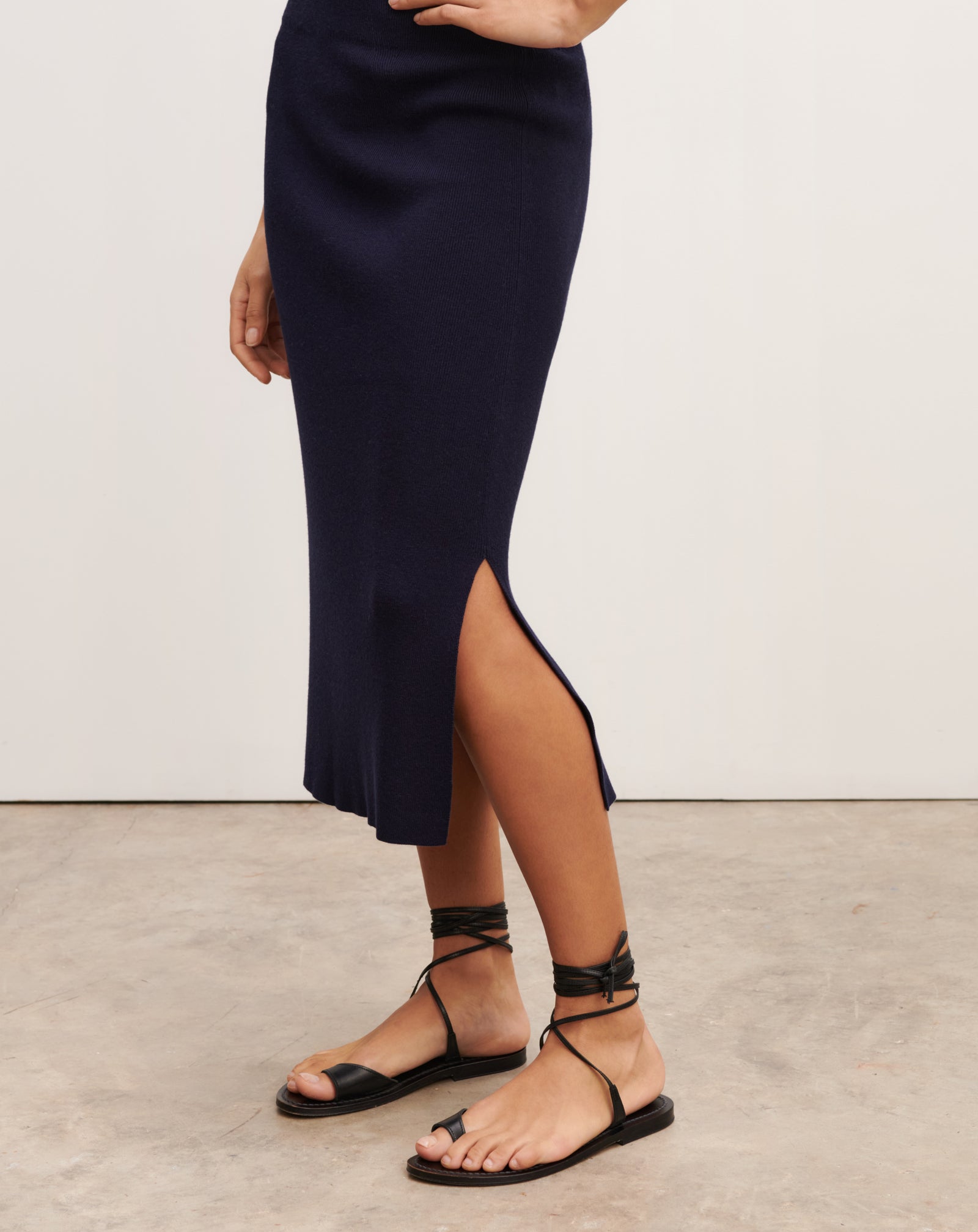 Jupe midi fentes côtés-MARINE-85% soie 15% cachemire