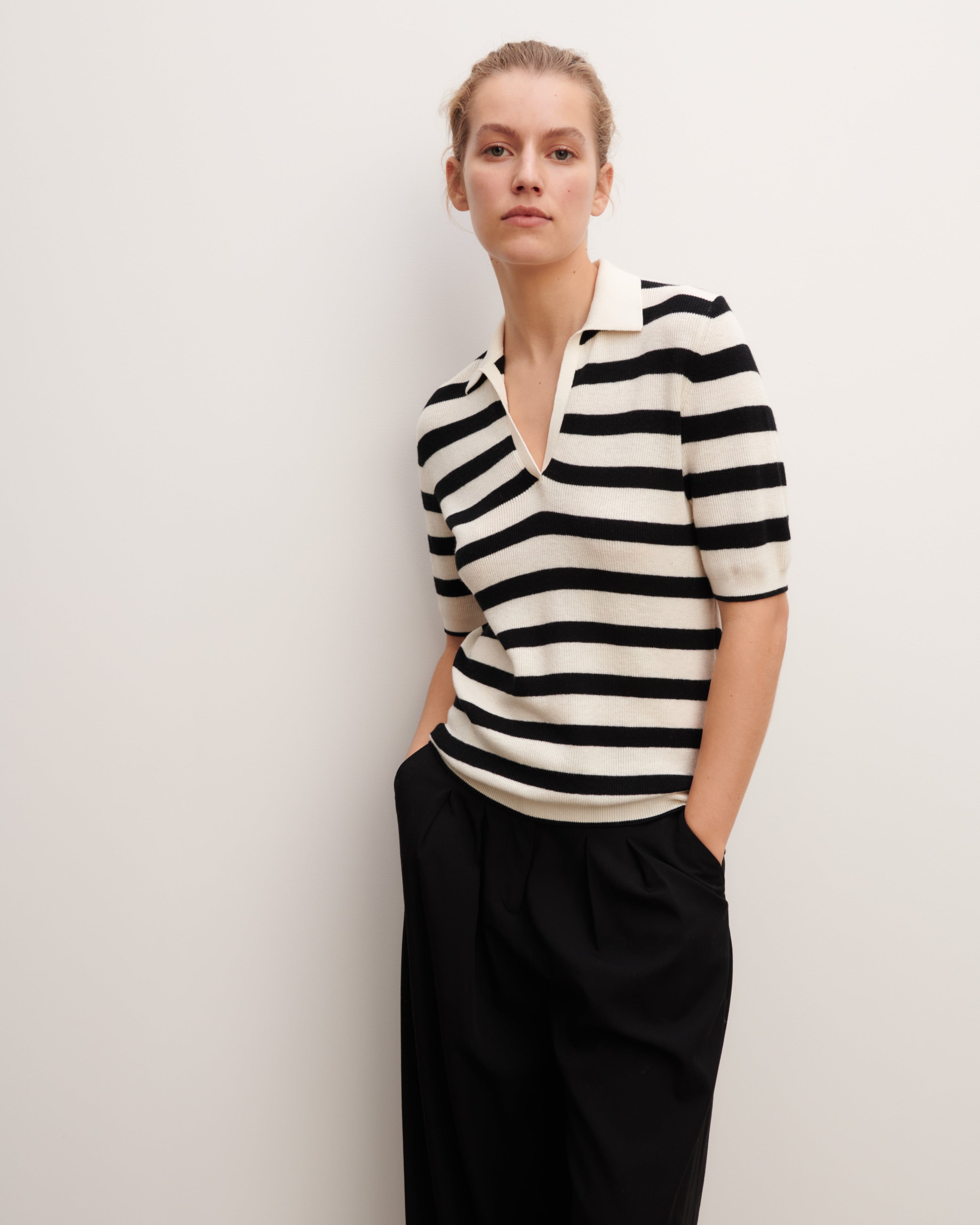 Polo marinière-NATUREL/NOIR-85% pima coton 15% cachemire