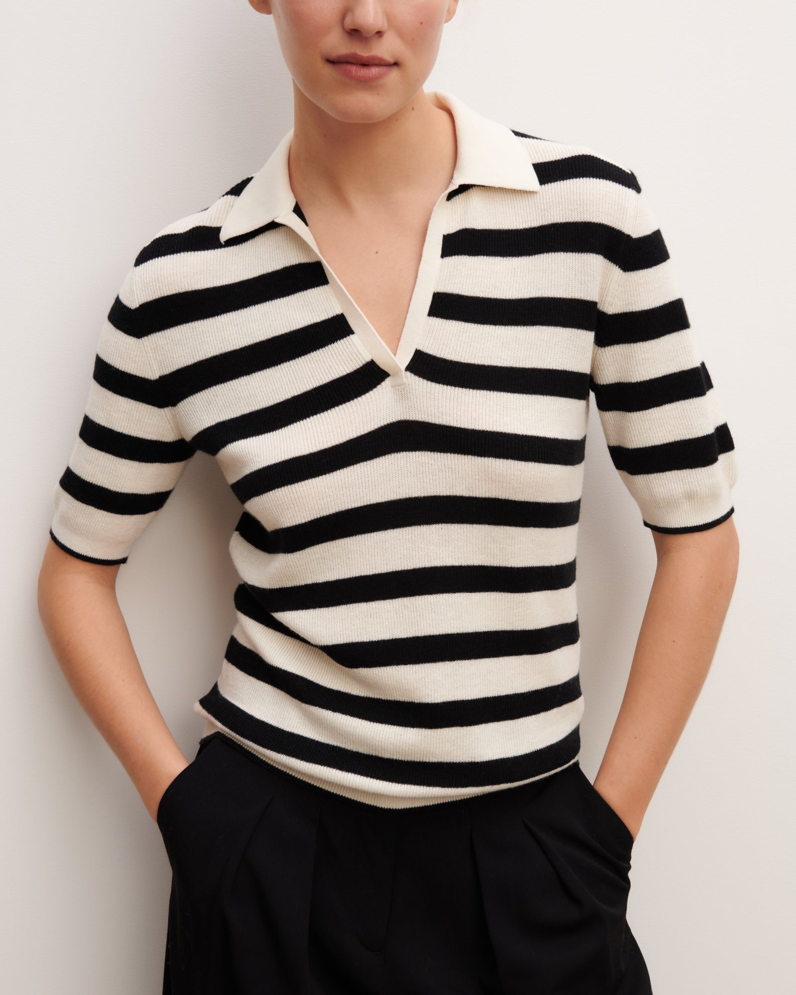 Polo marinière-NATUREL/NOIR-85% pima coton 15% cachemire