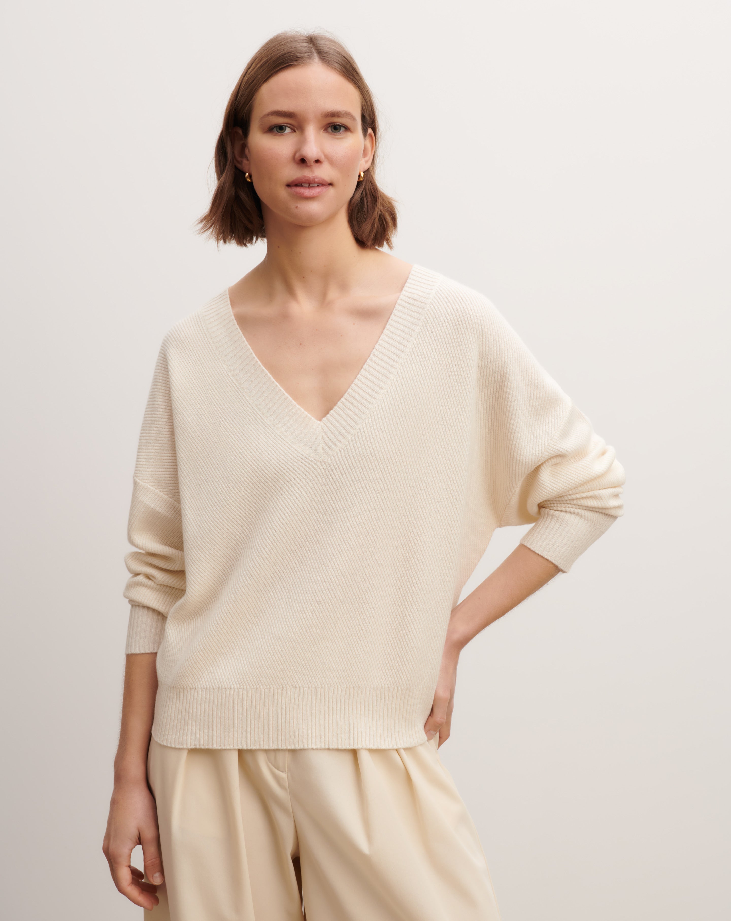 Pull col V en côtes-NATUREL-70% cachemire 30% soie