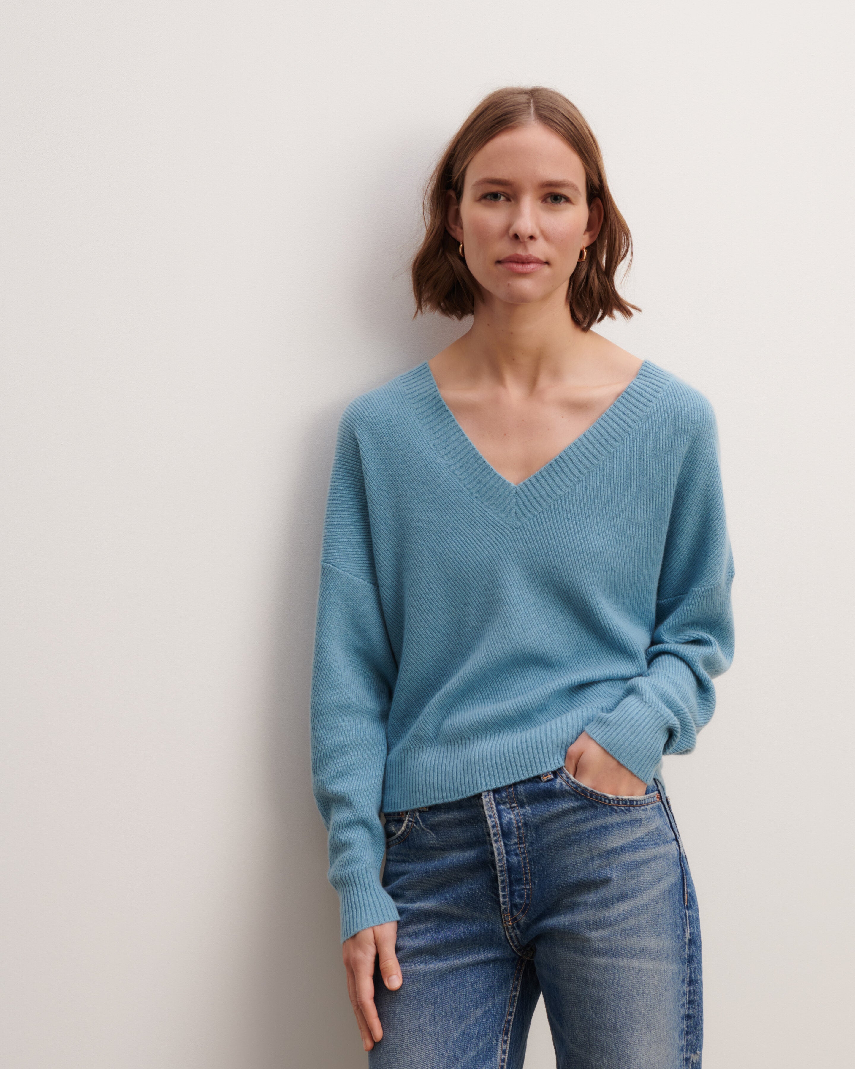 Pull col V en côtes-BLEU HERON-70% cachemire 30% soie
