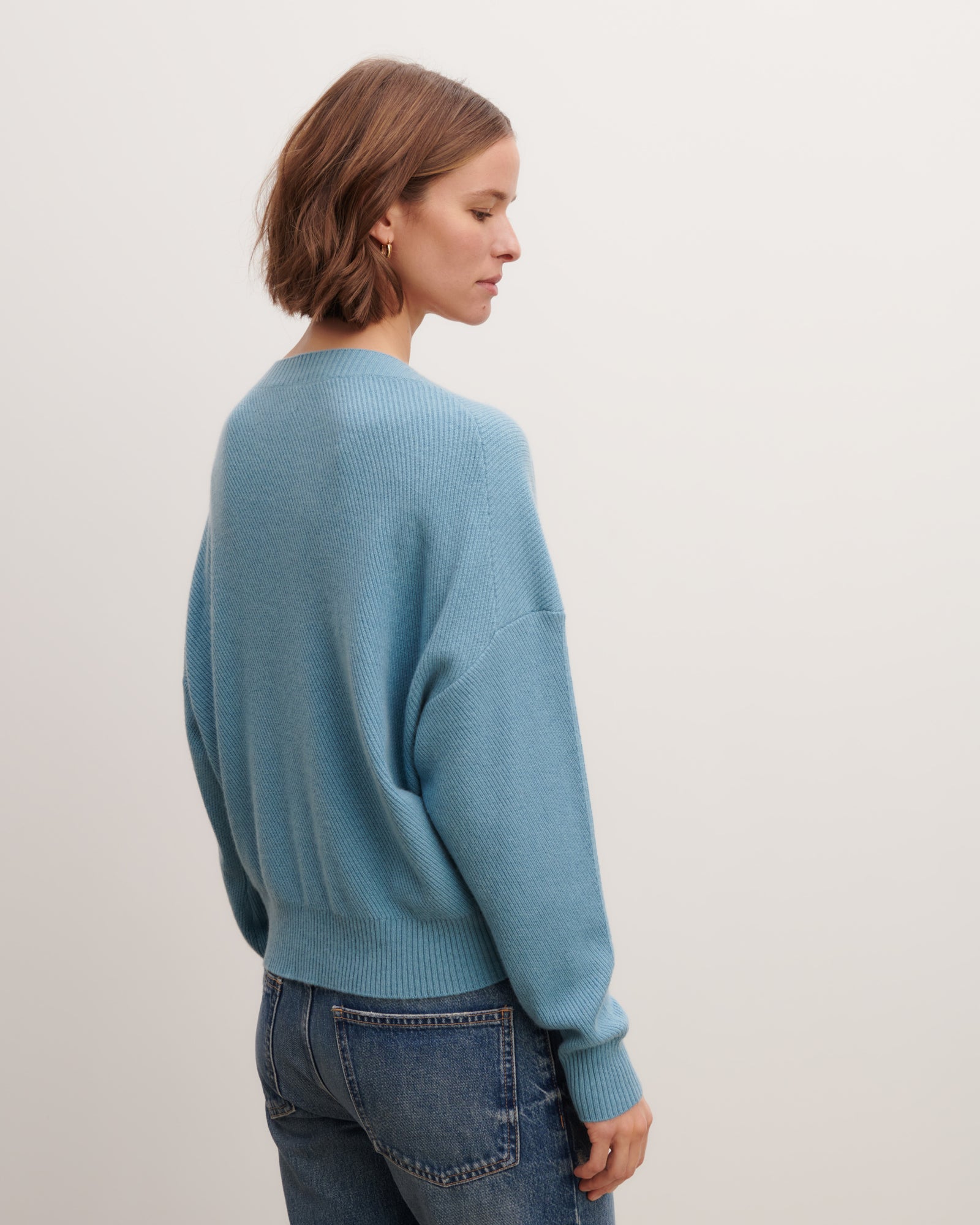 Pull col V en côtes-BLEU HERON-70% cachemire 30% soie