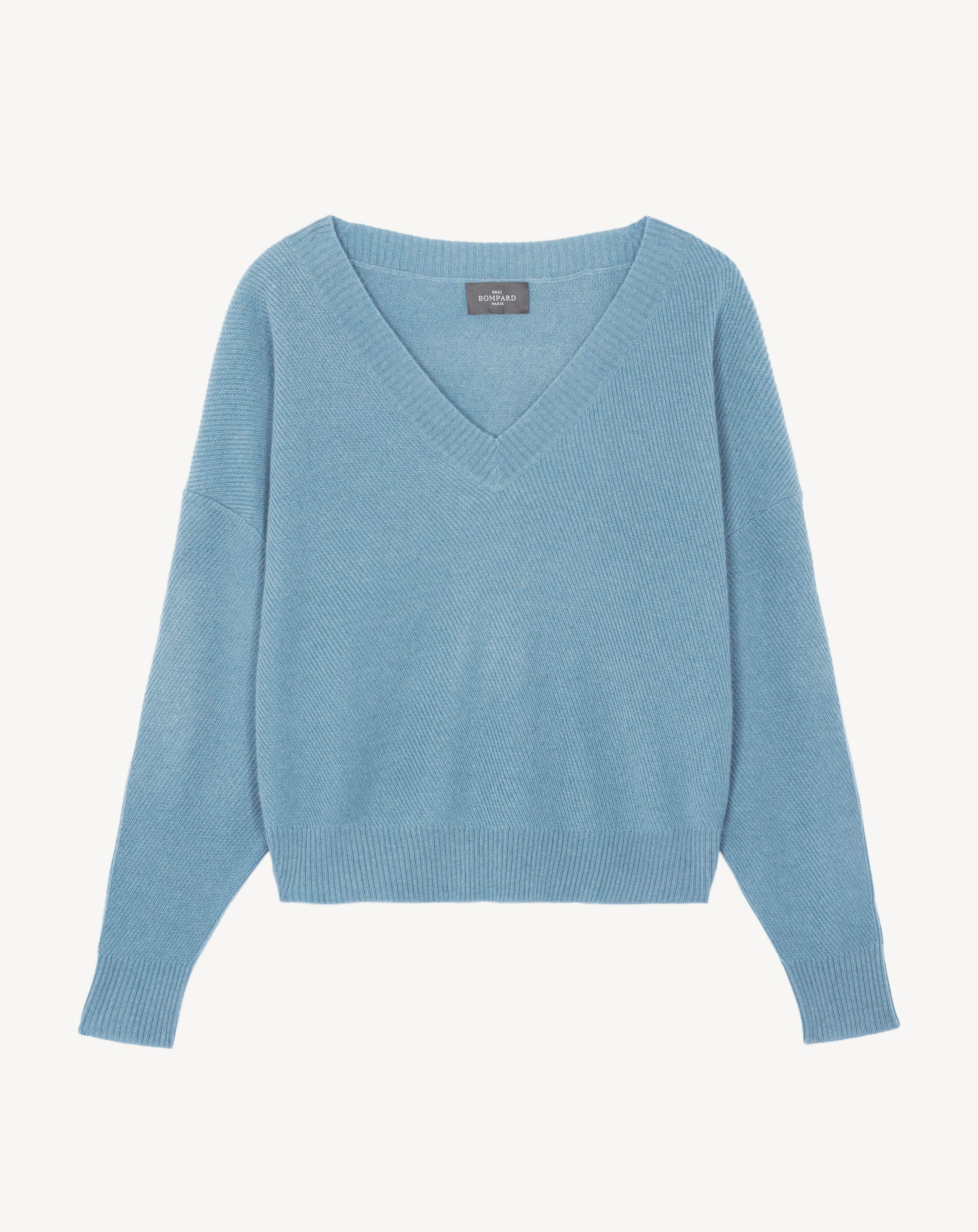 Pull col V en côtes-BLEU HERON-70% cachemire 30% soie