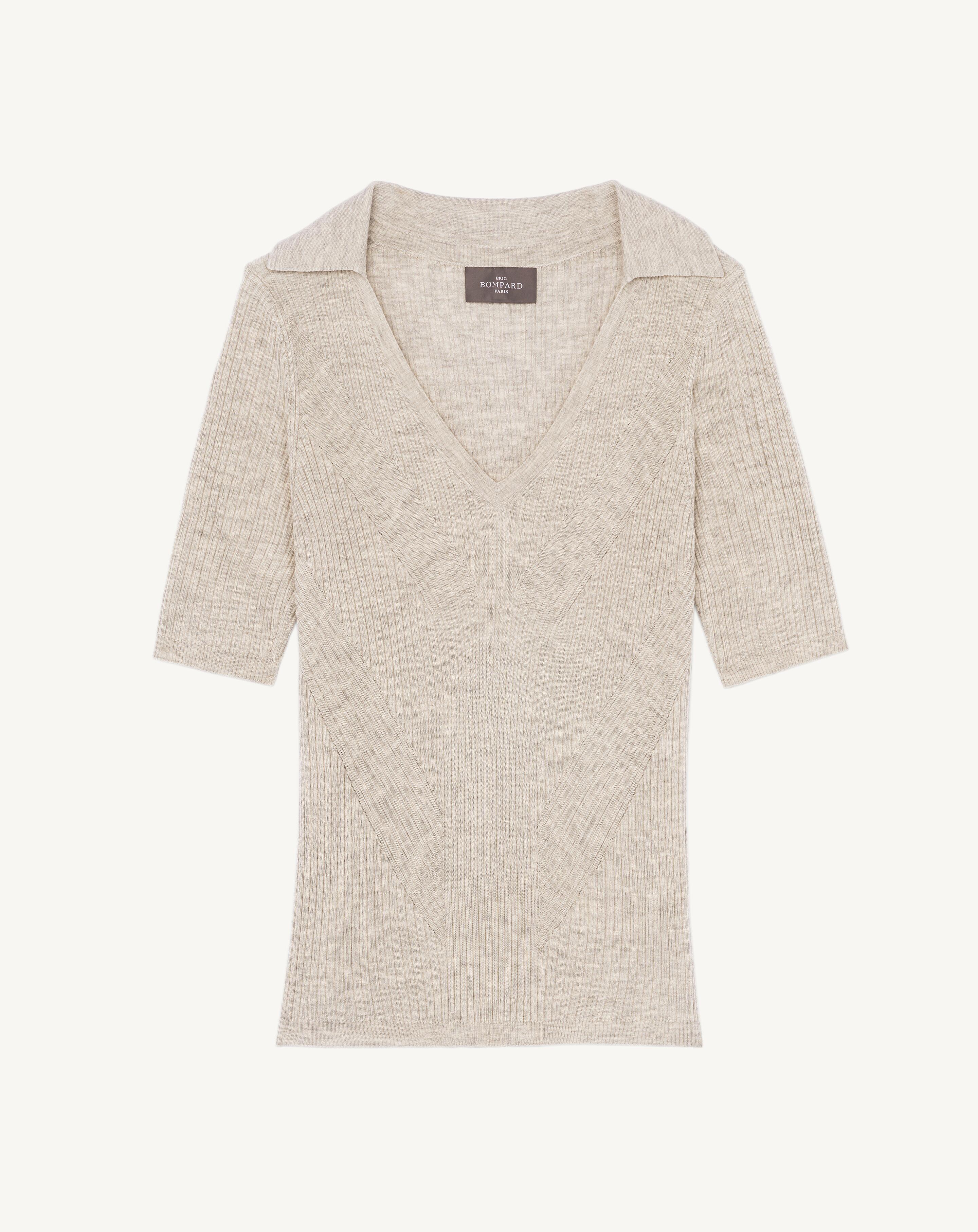 Polo ultrafin en côtes-GRIS ARGENTE-85% soie 15% cachemire