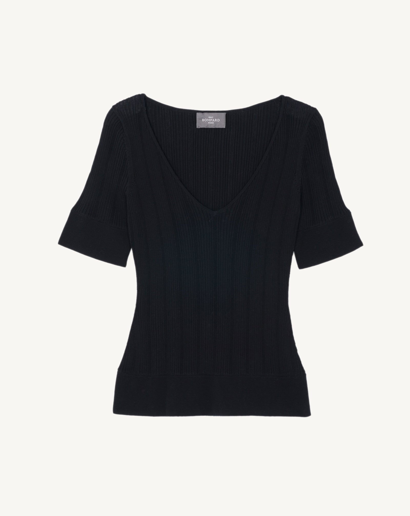Top col V en côtes-NOIR-100% coton