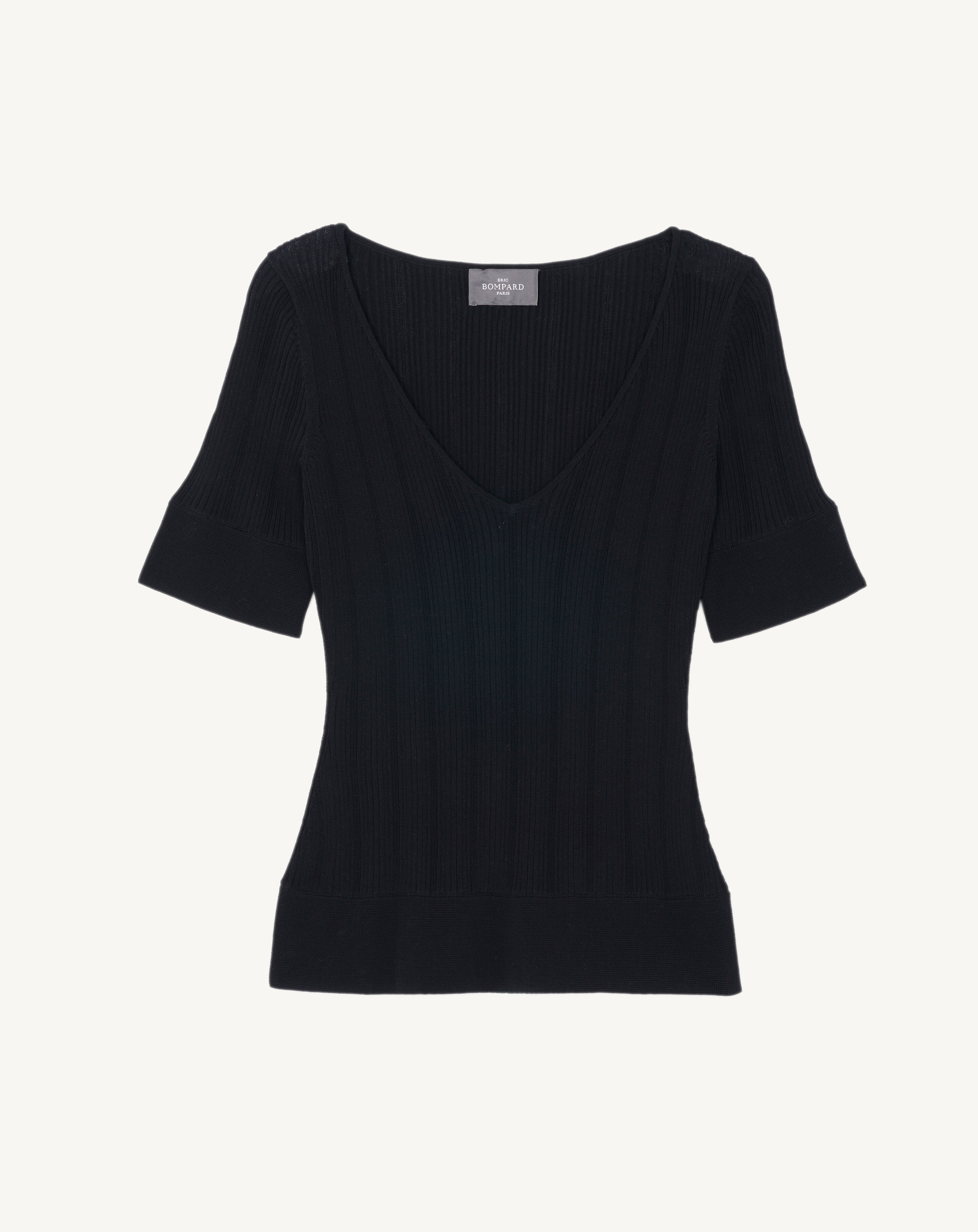Top col V en côtes-NOIR-100% coton