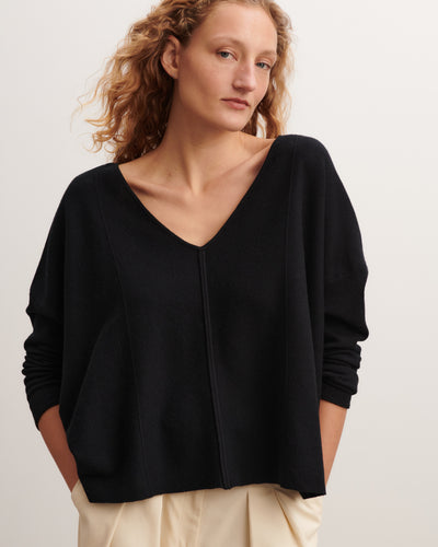 Pull col V minimaliste-NOIR-70% coton 30% cachemire