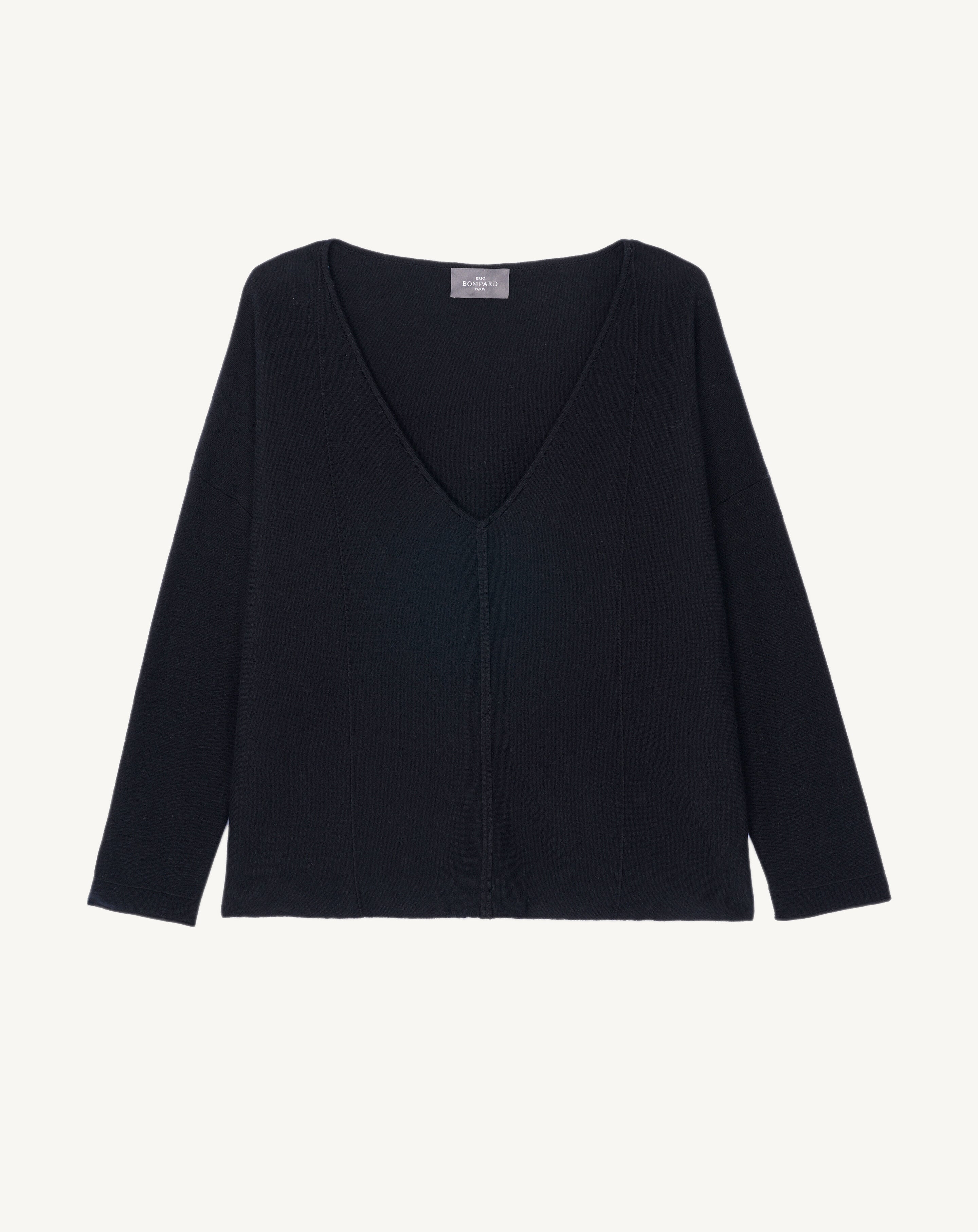 Pull col V minimaliste-NOIR-70% coton 30% cachemire