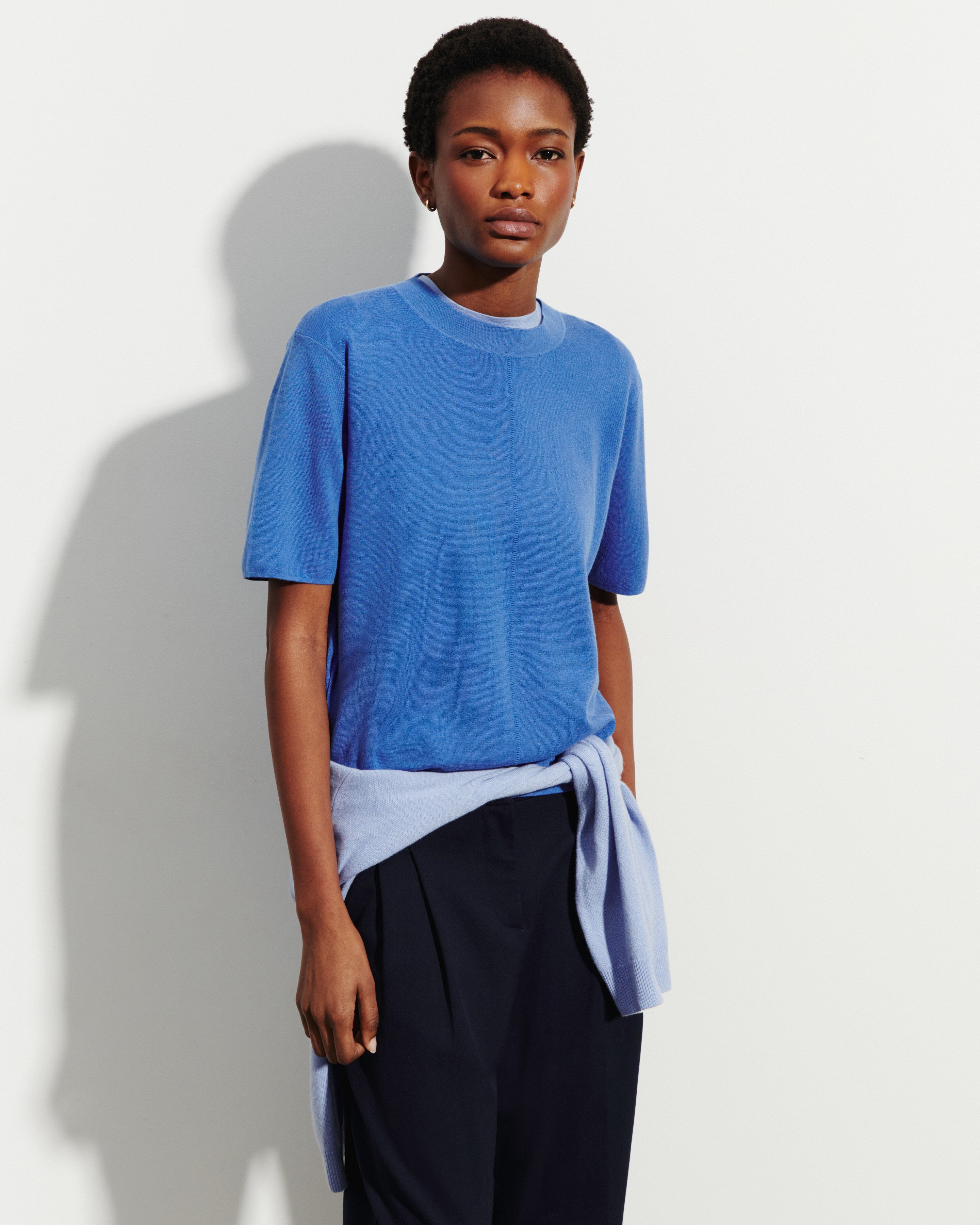 T-Shirt ample minimaliste-BLEU ALTHEA-70% coton 30% cachemire