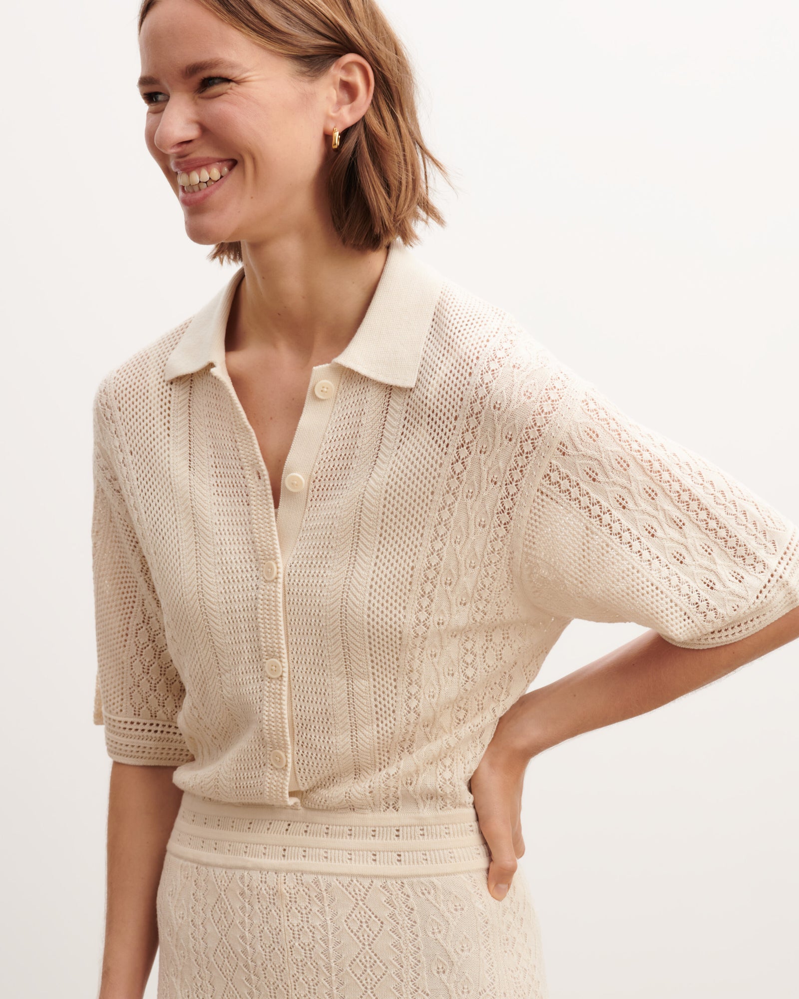 Robe polo pointelle-NATUREL-85% soie 15% cachemire
