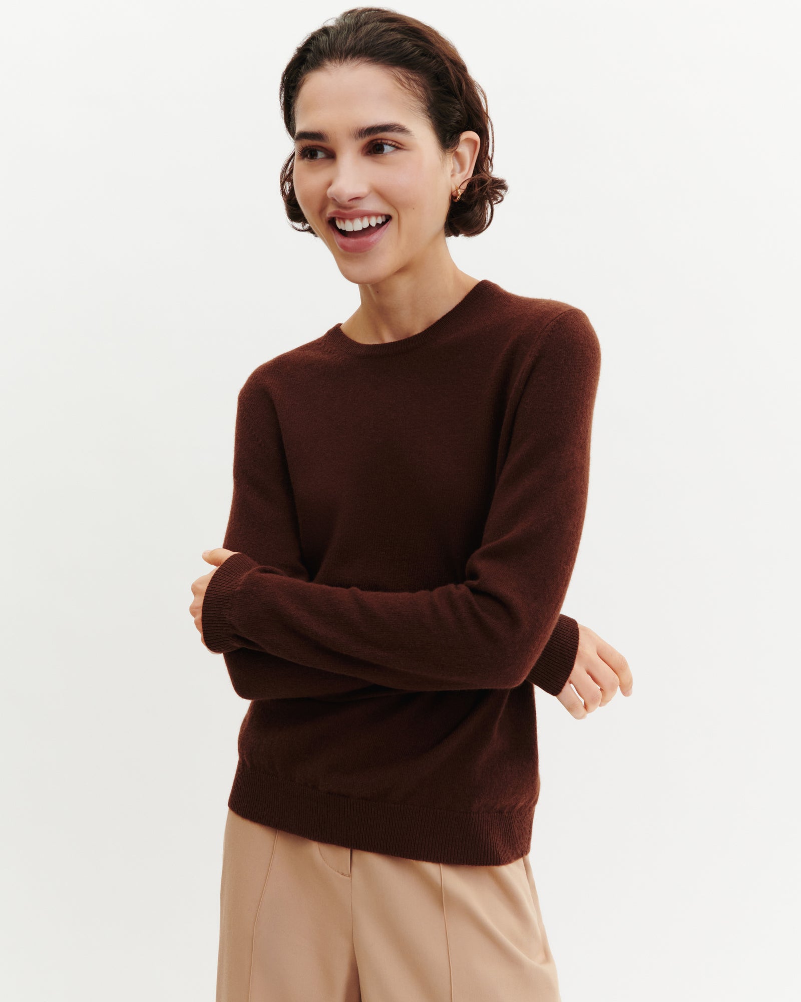 Pull col rond classique-CAFE-100% cachemire