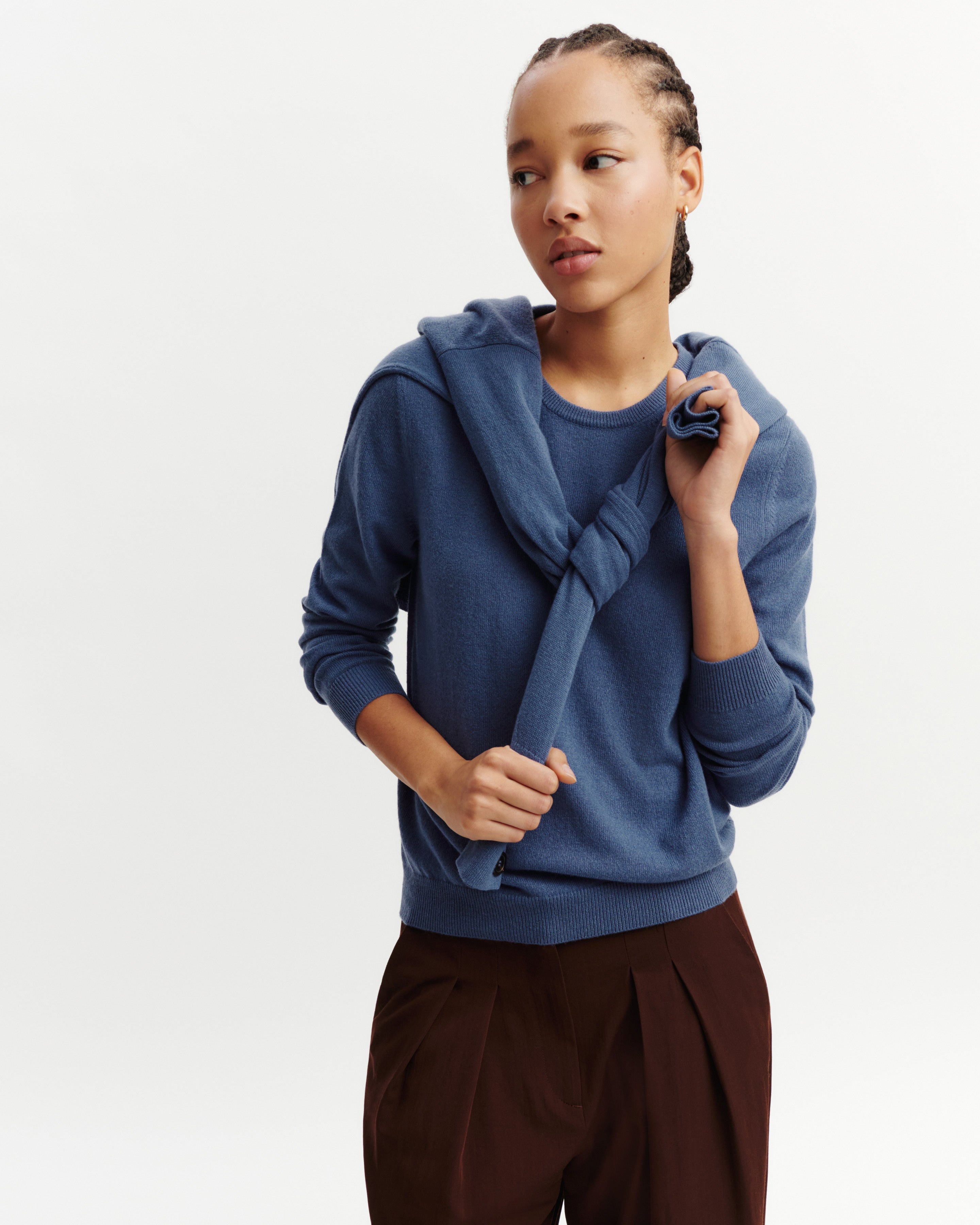 Pull col rond classique-BLEU ATLAS-100% cachemire