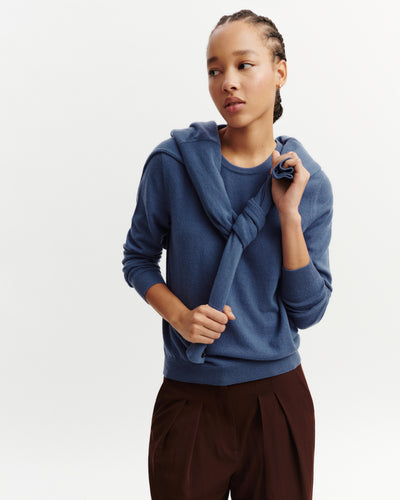 Pull col rond classique-BLEU ATLAS-100% cachemire