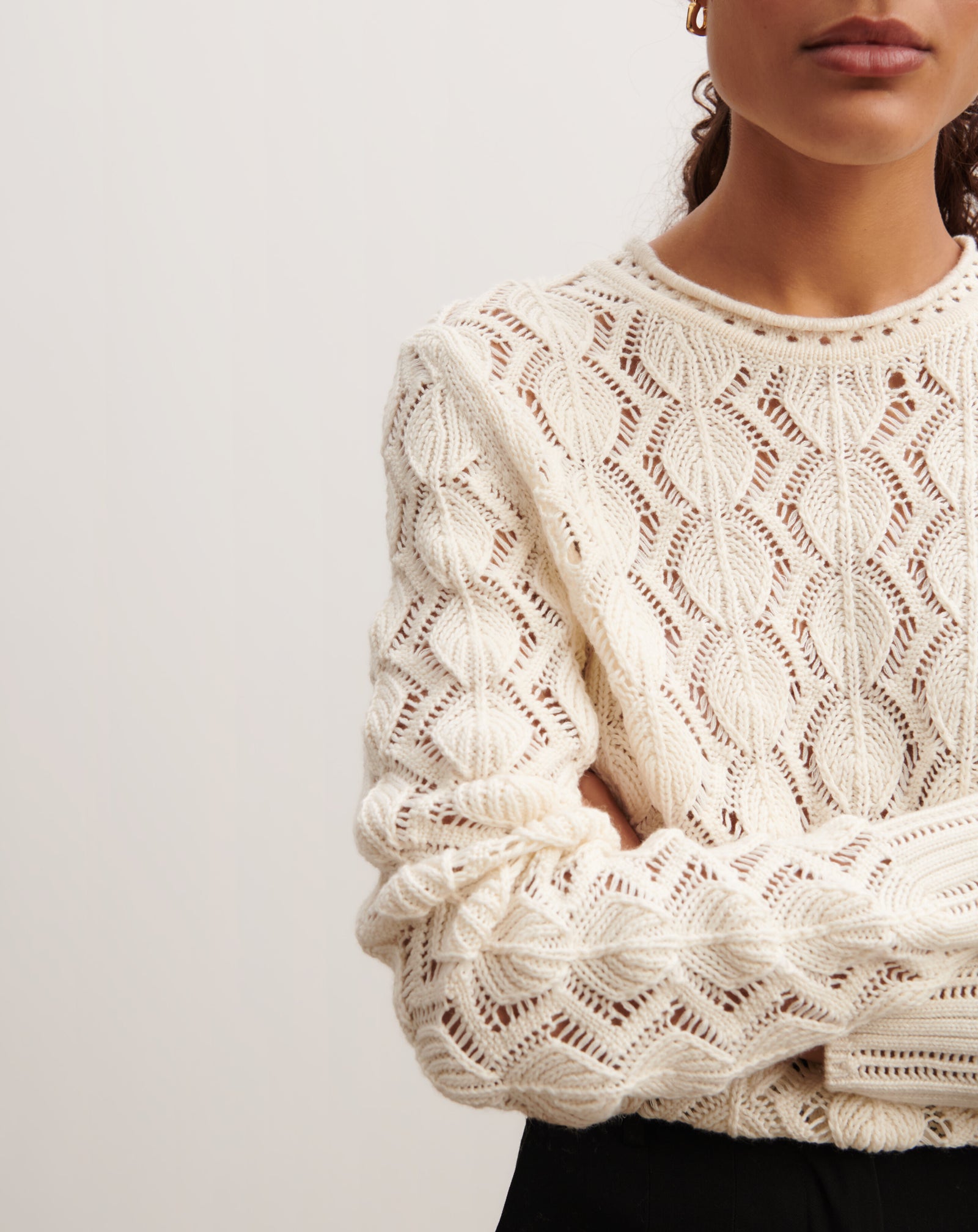 Pull col rond pointelle-NATUREL-85% pima coton 15% cachemire