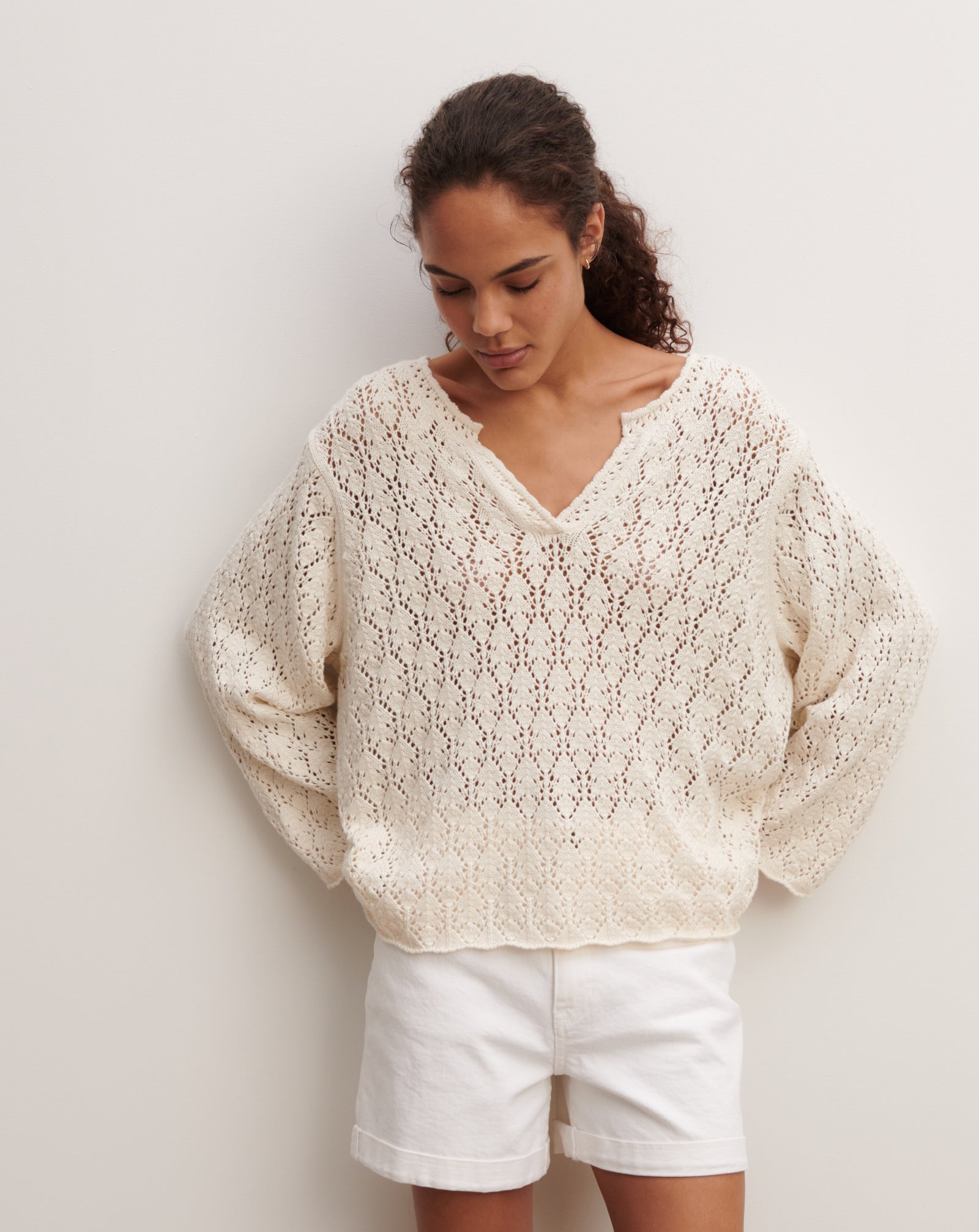 Pull tunisien pointelle-NATUREL-85% pima coton 15% cachemire