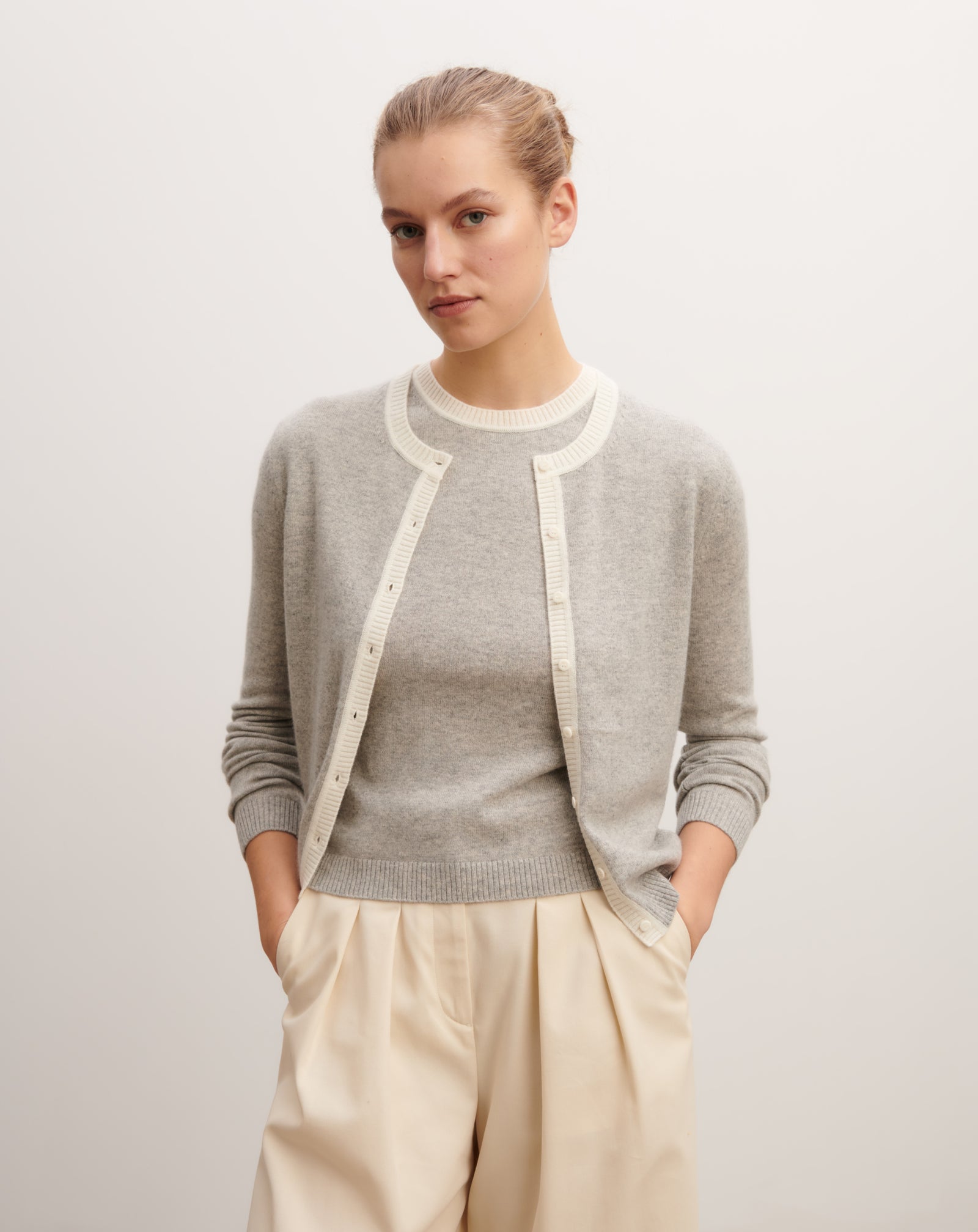 Cardigan  manches boutons-GRIS ARGENTE/NATUREL-100% cachemire