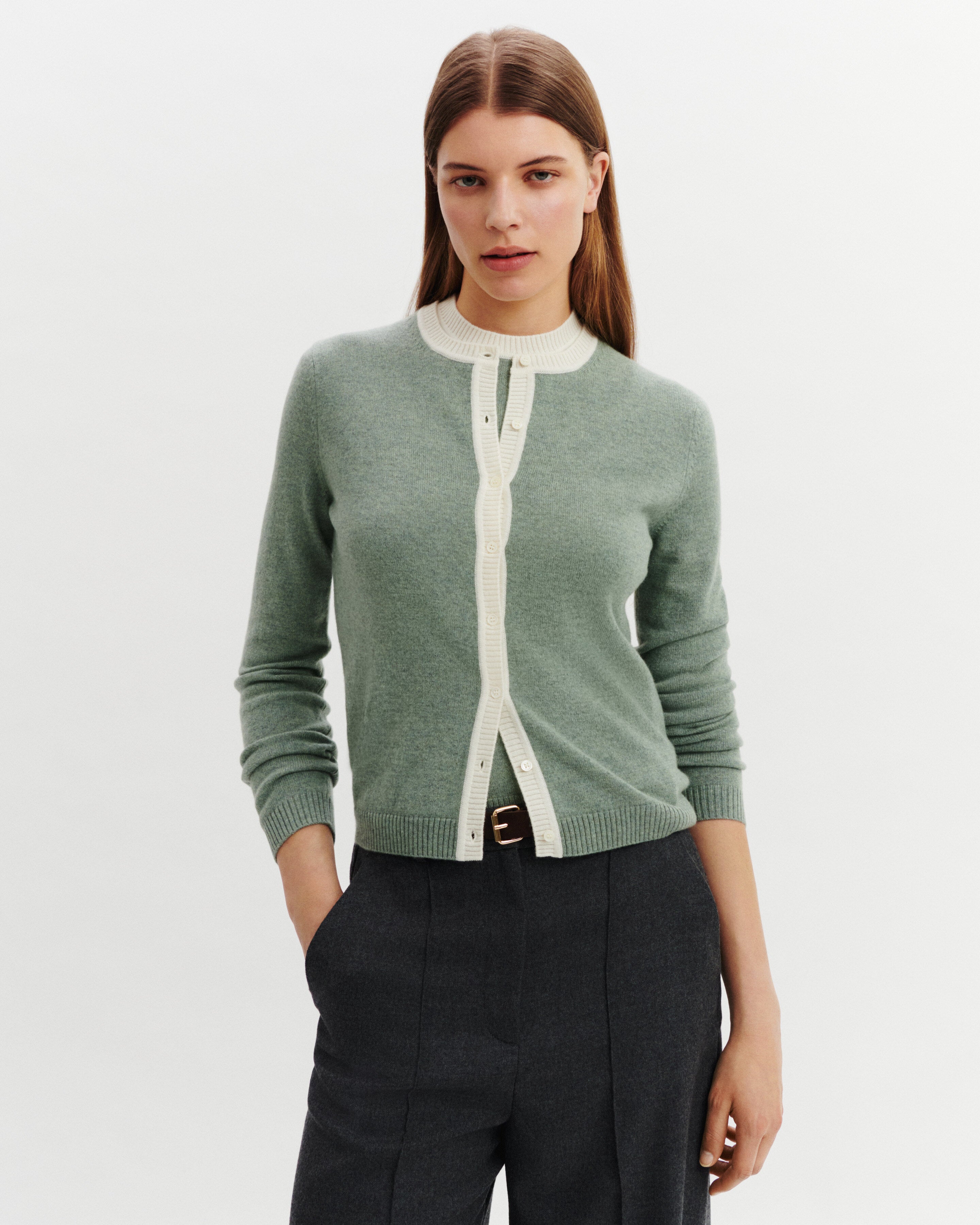 Cardigan bicolore-VERT DE GRIS/NATUREL-100% cachemire