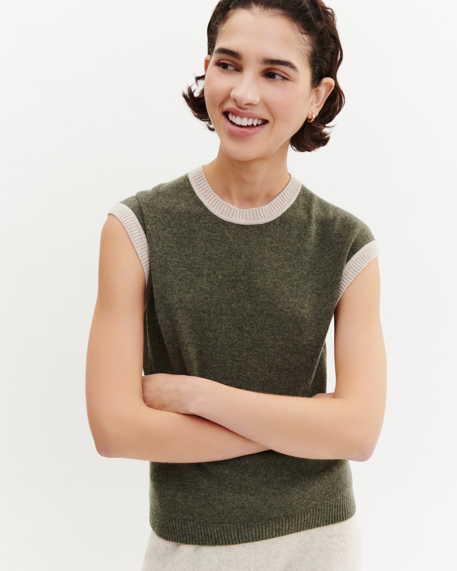 Pull à petites manches-KAKI OMBRE/TOURTERELLE-100% cachemire